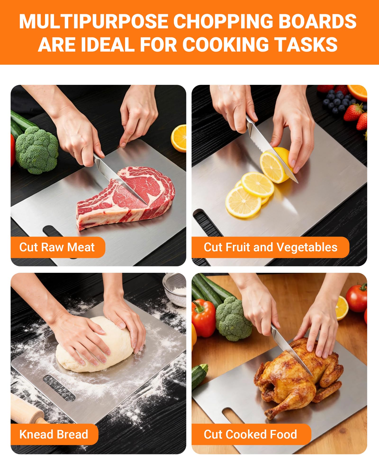 Set di 2 taglieri in acciaio inox – Tagliere inox doppio lato, senza BPA, ideale come tagliere da cucina per carne, pane, verdure e frutta, ampia superficie di taglio (34 × 23 cm + 25 × 15 cm)