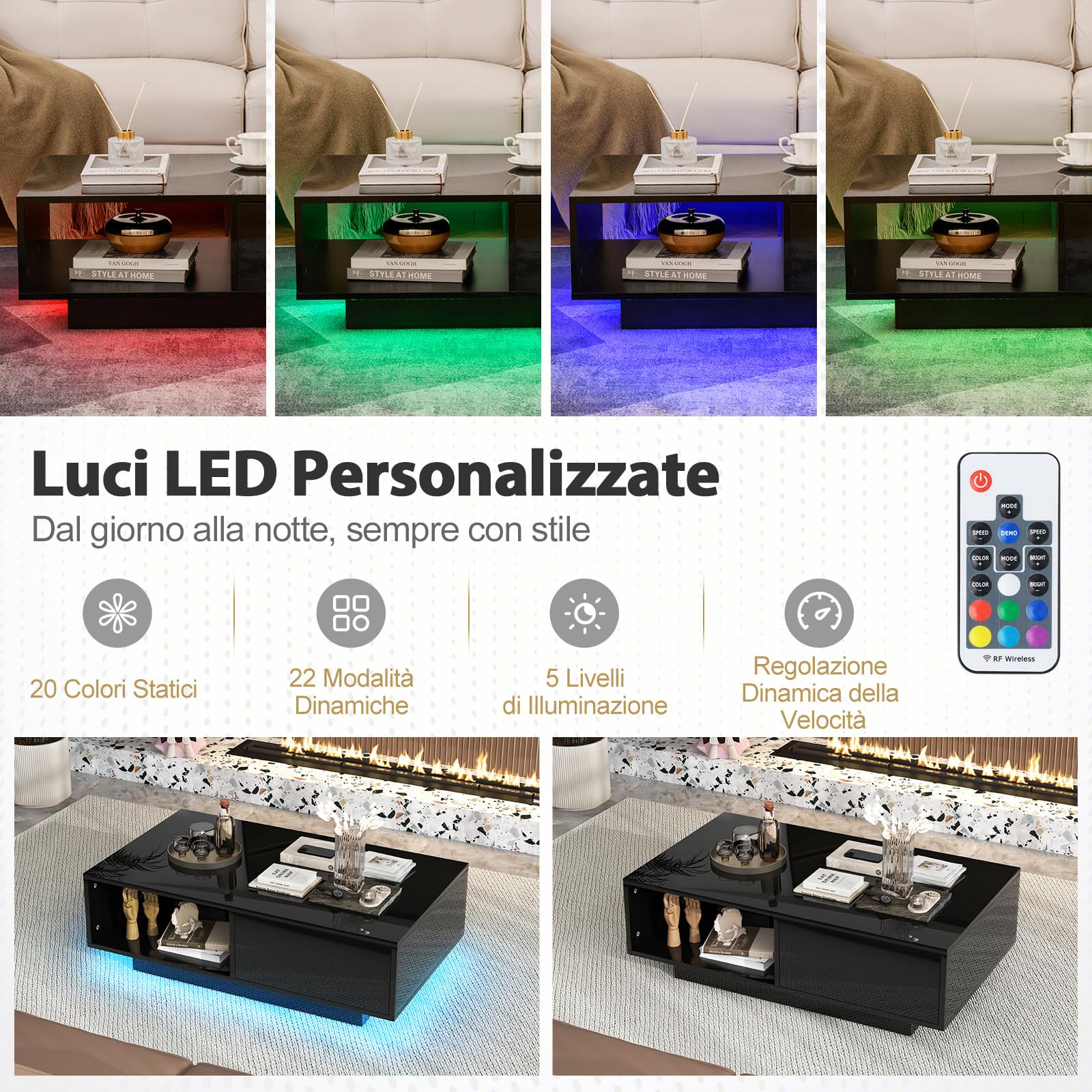 COSTWAY Tavolino da Salotto in Legno, Tavolino Moderno e Rettangolare con 20 Colori di Luci a LED, Telecomando, Cassetto e Ripiano Aperto, Tavolino per Studio e Ufficio (Nero)