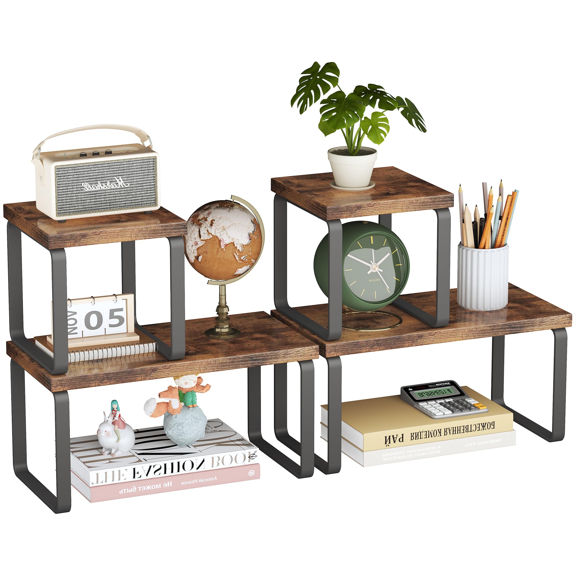 2 Sets Wooden Desktop Organizer Shelf, 2-Tier Adjustable Freestanding Bookshelf Desk Shelf, Stackable Desk Organizer for Office, Dorm, Bedroom, Space