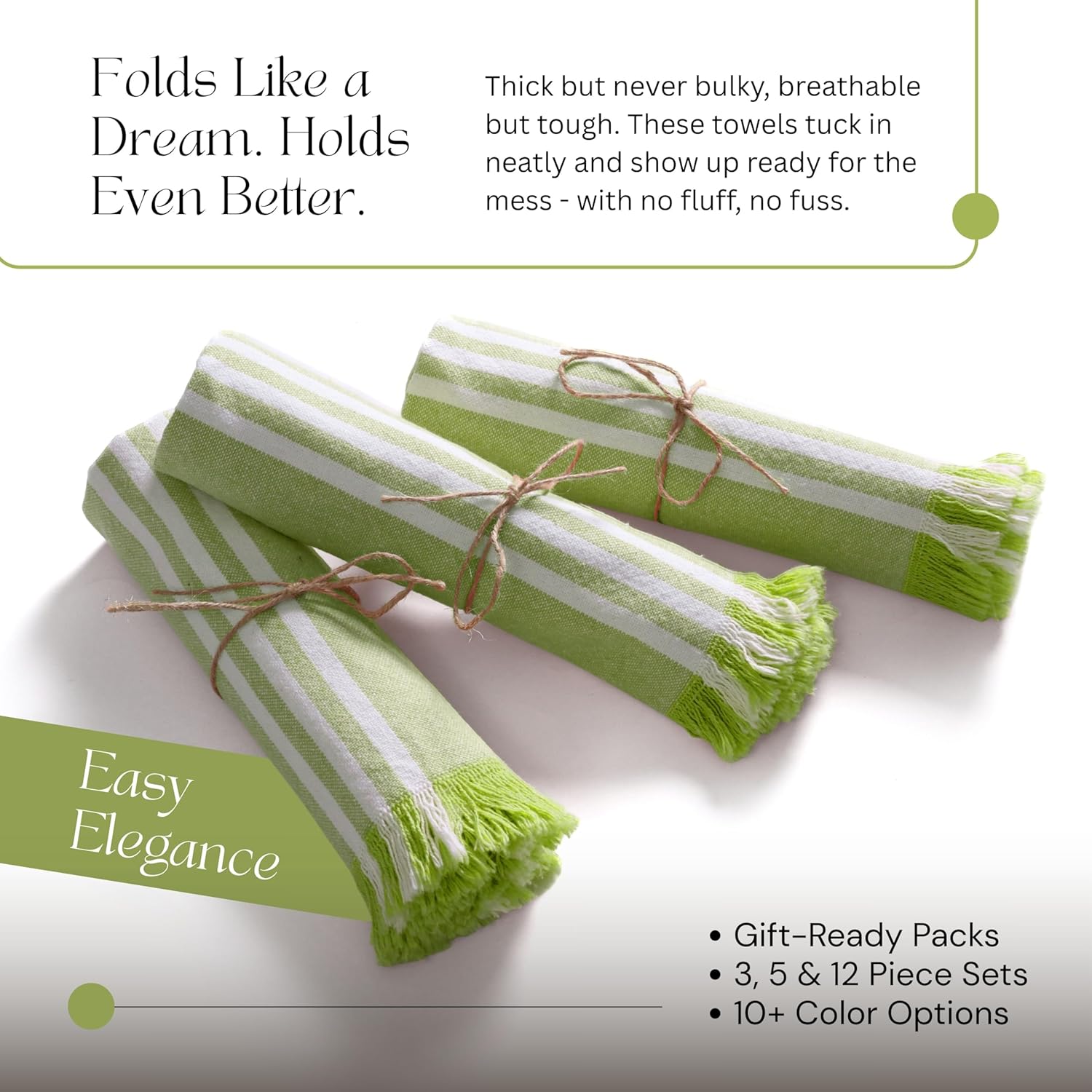 5 Pack Monochrome Stripe Kitchen Towels, Fringed Edges, 16x26 Inch, 100% Cotton, Lint-Free, Absorbent & Washable Dish Towels for Drying Dishes, Everyday Kitchen Use, Lemon Green