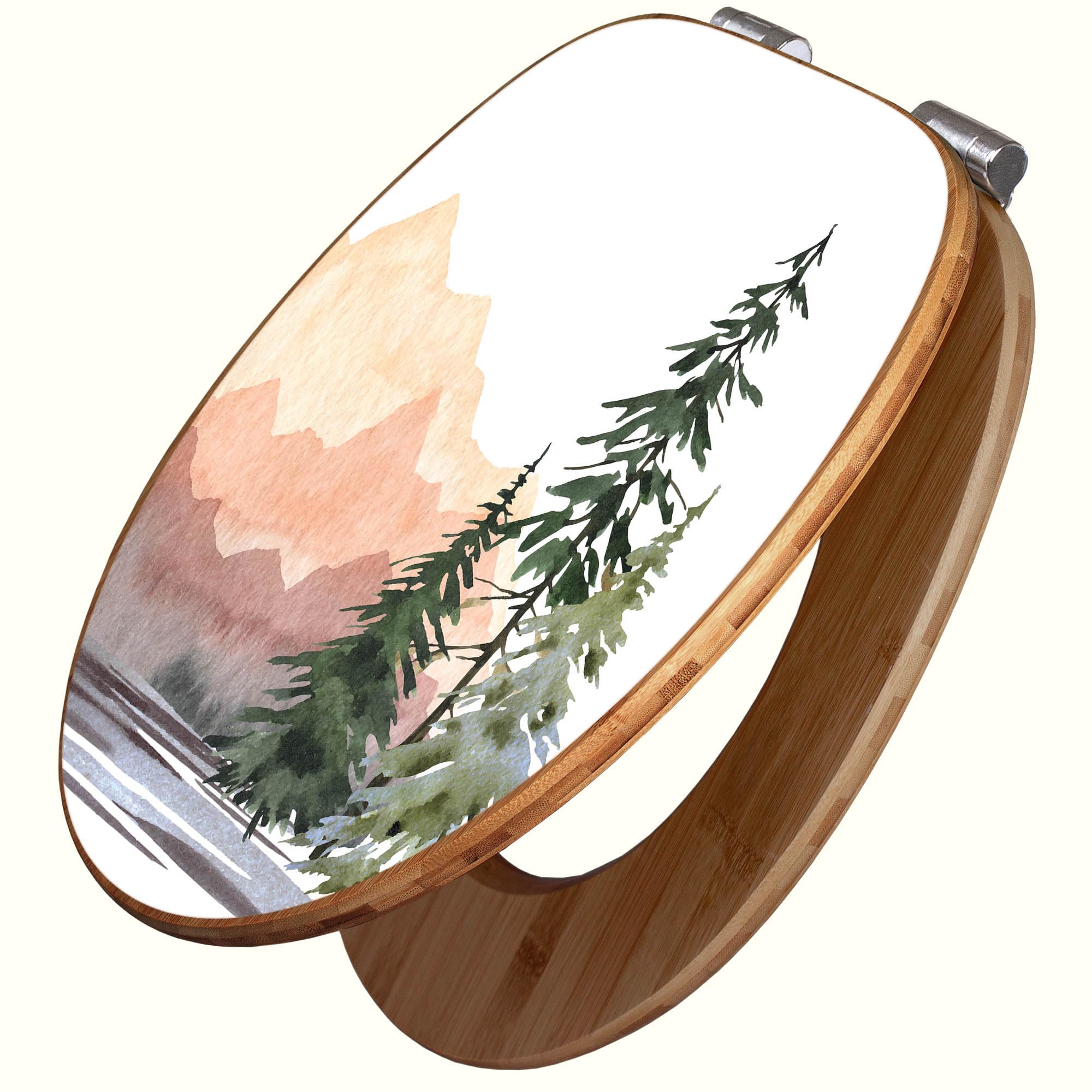 banjado Design WC Sitz Bambus Absenkautomatik 45,8x37,5cm - Toilettendeckel mit Absenkautomatik Holz - hochwertiger Bambus Klodeckel - WC-Sitz für gängigen Toiletten - Motiv Bergpanorama