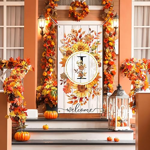 Miniatura 2 de SENSEVEN Bandera con monograma de letra I para puerta, gran cubierta de puerta con letra inicial de girasol de Acción de Gracias, apellido familiar,