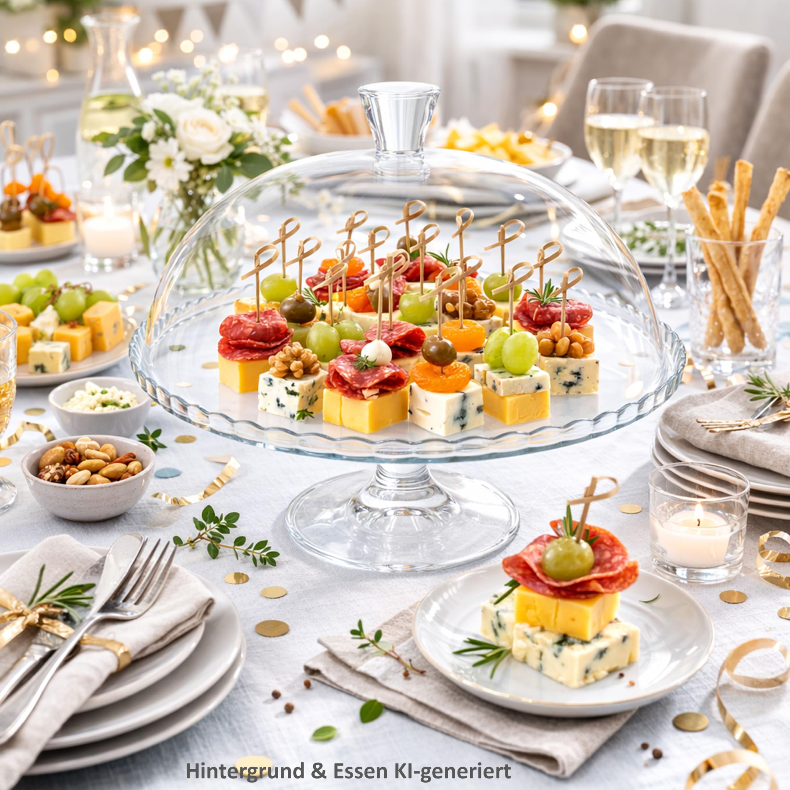 MamboCat Plateau à gâteau sur pied avec couvercle I Ø 32 cm I Plateau à gâteau en verre avec cloche en verre I Plateau de service pour tartes, gâteaux, apéritifs, fromage et pâtisseries I Assiette en