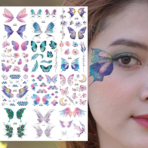 14 hojas de tatuajes temporales de mariposa con purpurina para mujeres y niñas, decoración de maquillaje de ojos, calcomanías de tatuaje, tatuajes disponible en Yaxa El Salvador