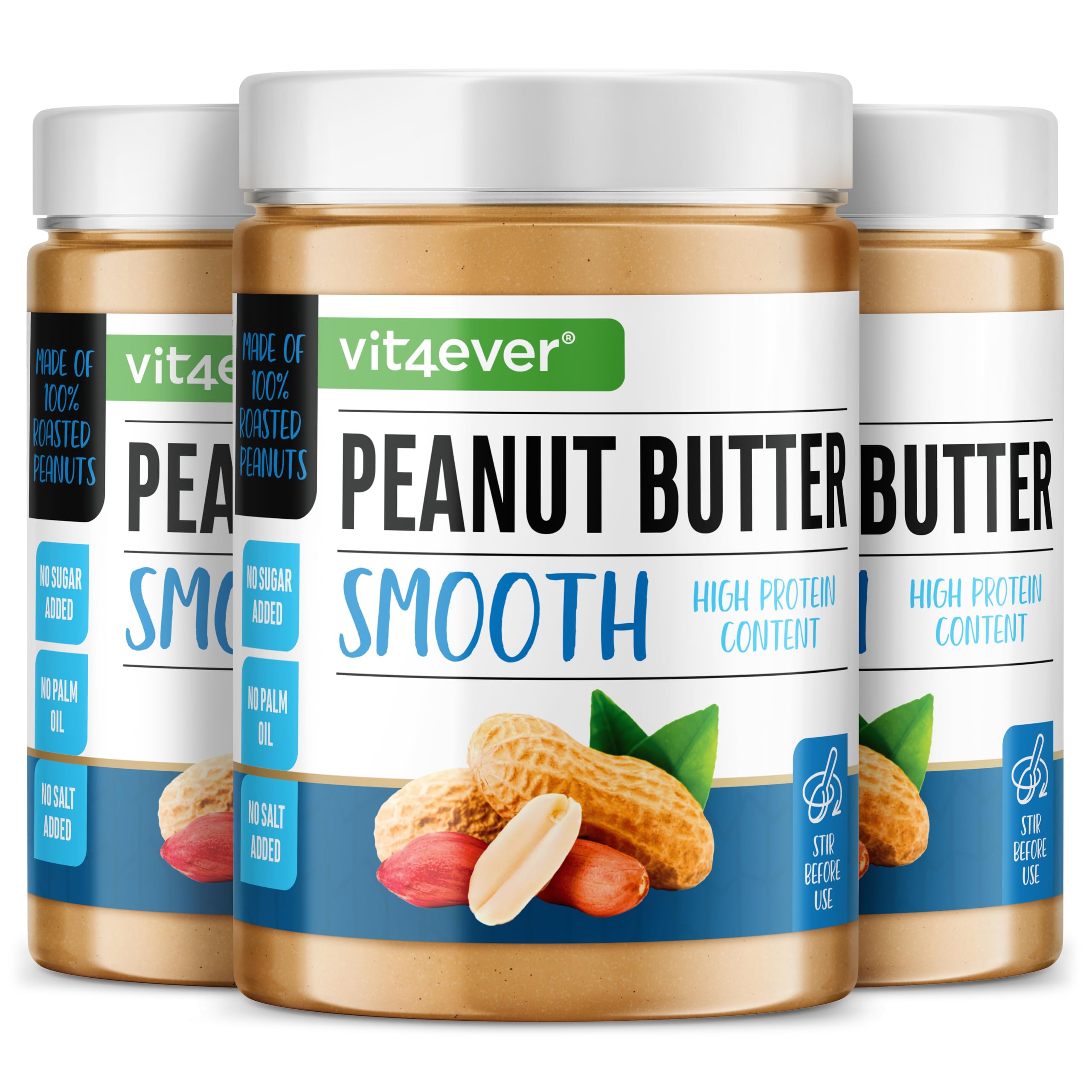 vit4ever Erdnussbutter Smooth - 3 kg natürliche Peanut Butter Ohne Zusätze - High Protein - Erdnussmus ohne Zusätze von Salz, Öl oder Palmfett - Vegan (3x1kg)