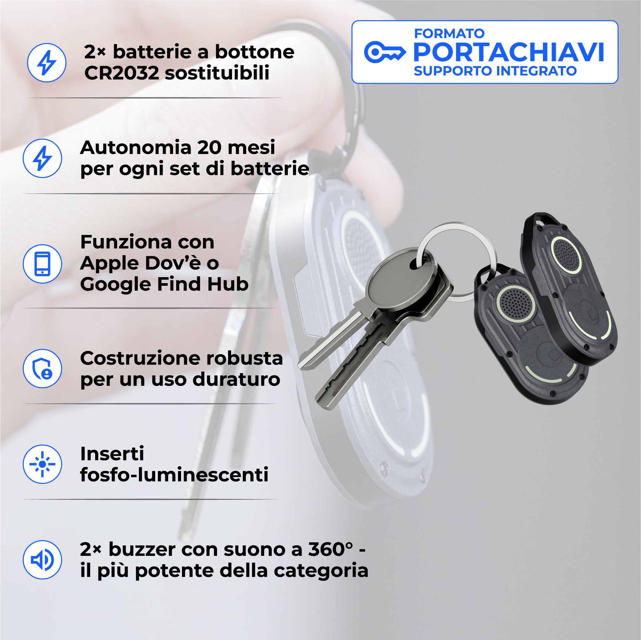 Rolling Square AirNotch Pro Dual – Tracker Android e Apple, Localizzatore Bluetooth Compatibile con Apple Find My e Google Android Find Hub, Suono 360° Batterie Sostituibili, Air Tracker Tag Grigio 2x