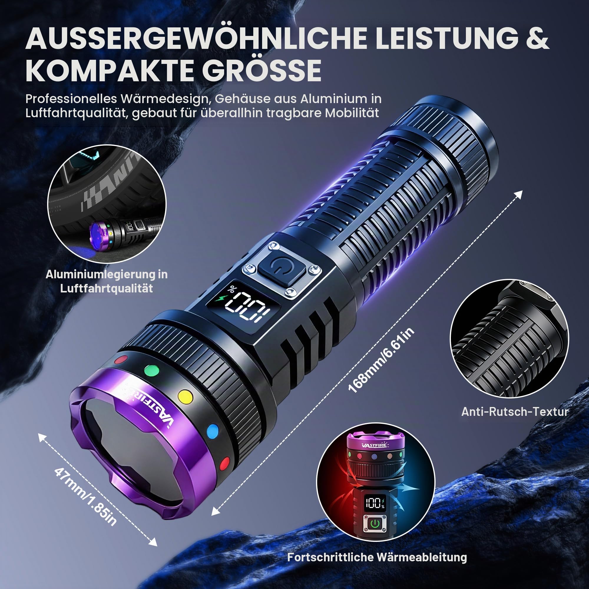 VASTFIRE 365nm UV-Taschenlampe Wiederaufladbar mit Filterlinse, 30W Ultraviolett-Taschenlampe mit LCD-Display, Starkes UV-Schwarzlicht für Golfballfinder, Harzhärtung, Haustierurin-Erkennung, Felsen