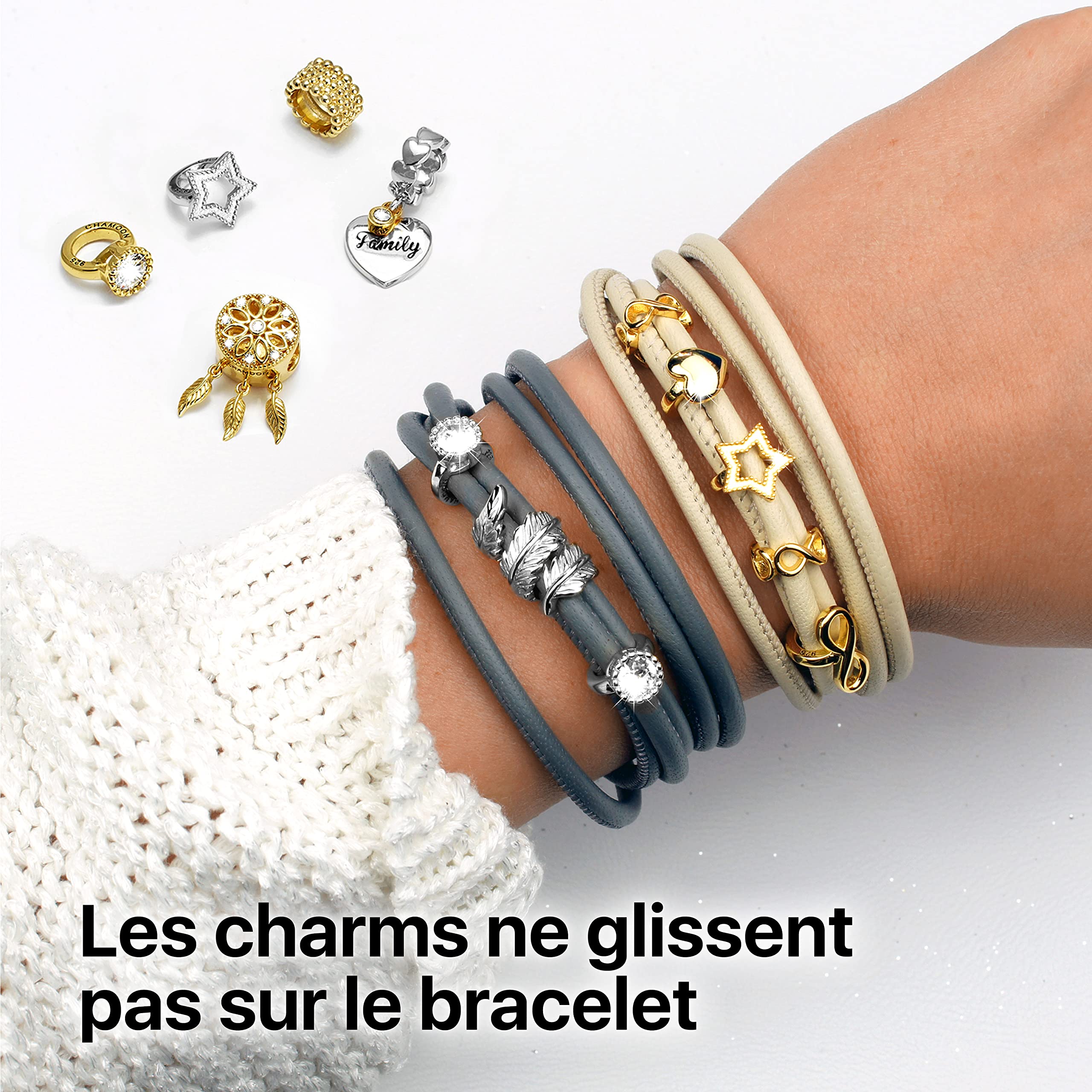 CHAMOON® Bracelet Cuir Femme Véritable Premium | Fermeture Magnétique en Acier Inoxydable | Extensible avec des Charms