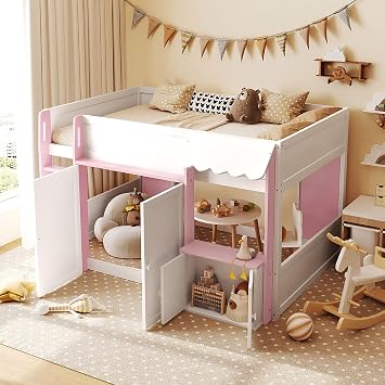 Mirightone Full Size Kids Loft Bed with Playhouse & Storage Cabinets, Wooden House Loft Bed Frame with Under Bed Play Area, Modern Cabin Bed for Kids, Boys & Girls, White+Pink