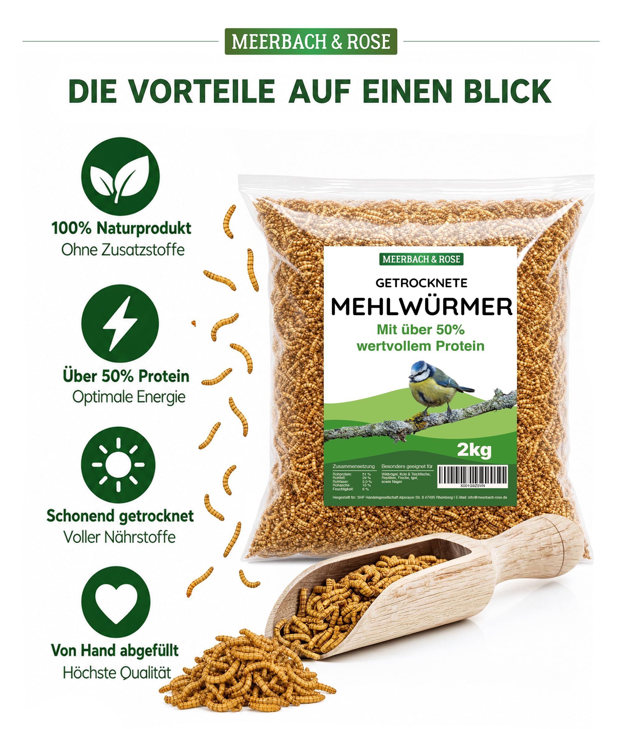 Harina seca 2 kg de capacidad (equivalente a 13 litros) | Snack rico en proteínas para pájaros, aves silvestres, peces, reptiles y roedores. MEERBACH & ROSE - Calidad de Alemania