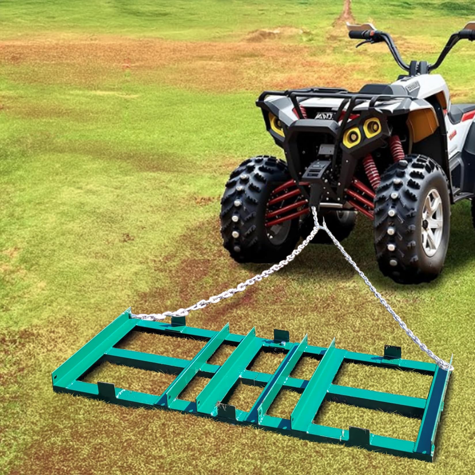 Garvee Herse de nivellement lourde pour pelouse et allée – Accessoire pour tondeuse, ATV, UTV, tracteur – Égalise gravier, sable, sol – Chaîne 6FT incluse – Durable – Vert, 122x51cm