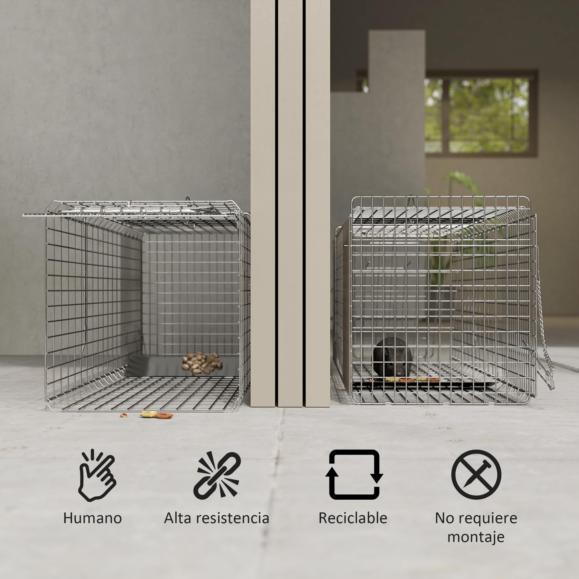 Outsunny Trampa para Animales Vivos Plegable 93x31x34,5 cm Jaula de Captura de Alambre con Puerta y Asa para Conejos Ratas Roedores Plata