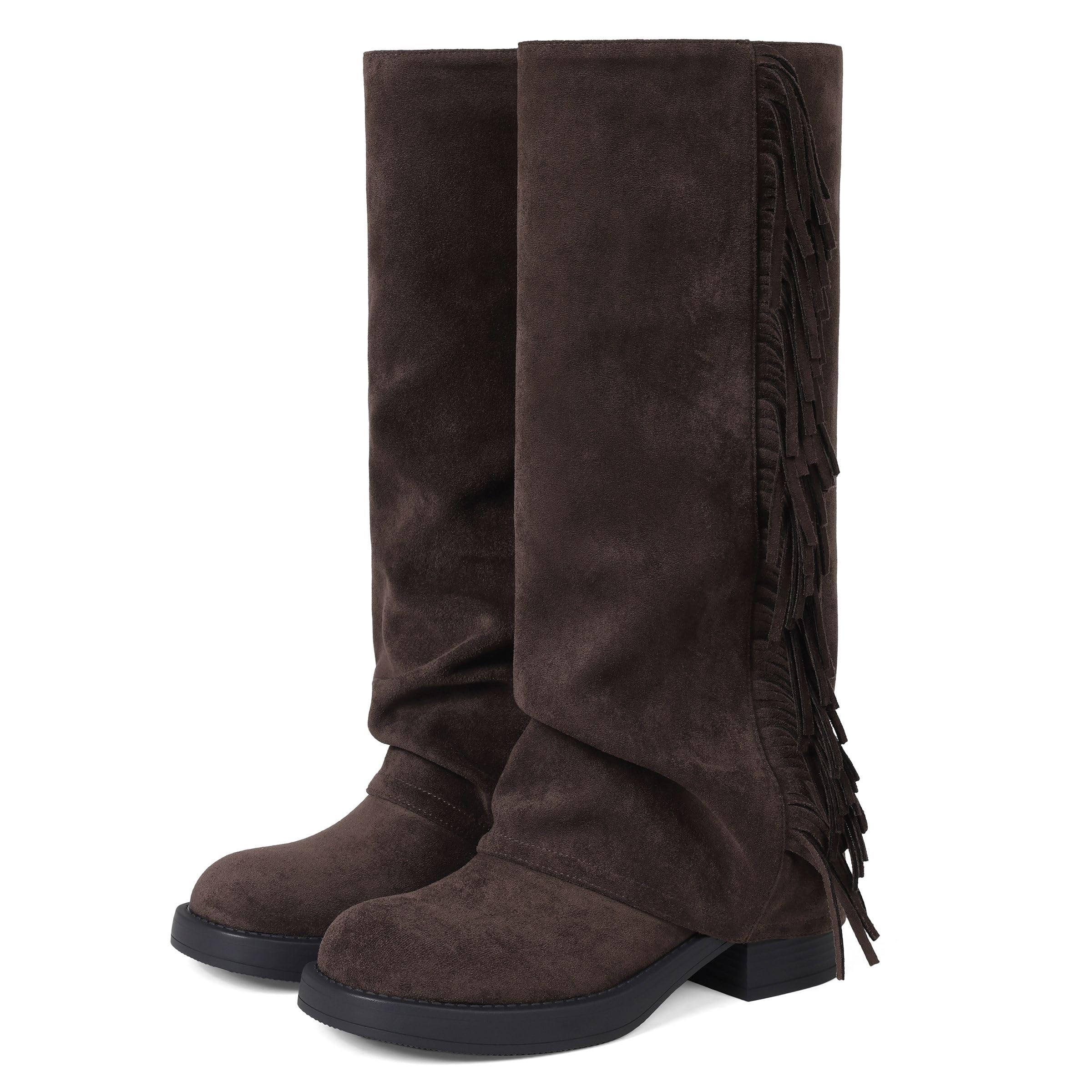 Womens Knee High Boots Fold over Shark Boots Fringe Suede Cowboy Boots for Women Square Toe Low Heel