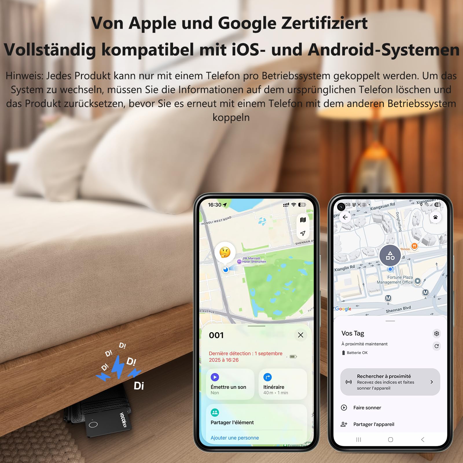VOCOlinc Double Système Air Tag Carte Lot de 2, Rechargeable Wallet Tracker Compatible avec l'application Android Google Localiser ou iOS Apple Localiser, Localisateur pour Portefeuille/Bagages/Sacs