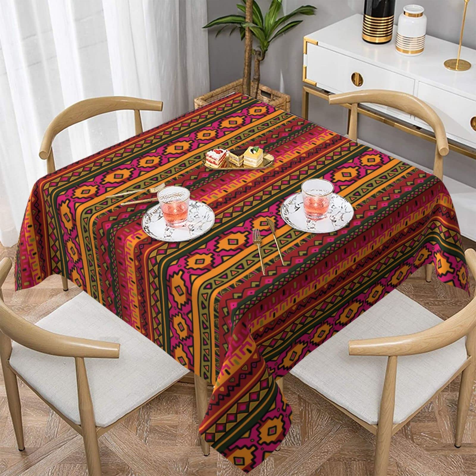 JAMCHE Mexican Folk Art Boho Print Square Tablecloth Wipeable Spillproof Wrinkle Resistant Soft Washable Polyester Table Cover For Kitchen Party Dinner Home Decor - 137x137 Cm