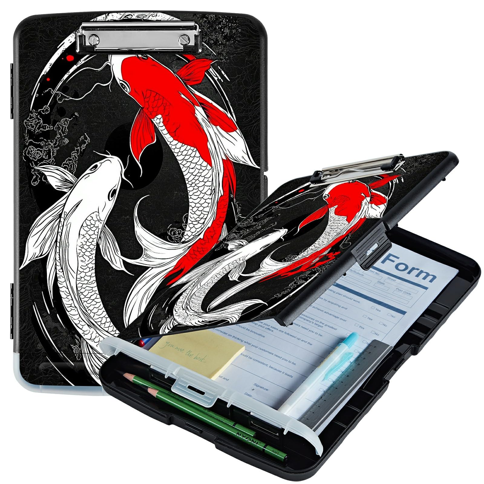 RWUTYTIUL Red White Fish A4 Clipboard with Storage Pen Holder, Clipboards Organizer Nursing Clipboard Foldable File Folder Plastic Clipboard Folio Clip Board for Office Students Classroom Doctor — image 1
