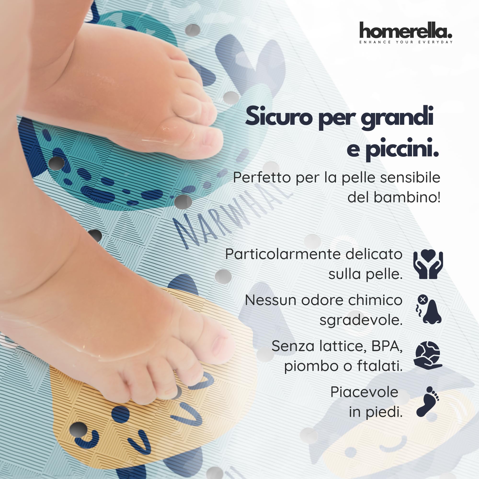 homerella® Tappetino antiscivolo vasca da bagno bambini 100 x 40 cm | Tappeto antiscivolo doccia bambini | Extra confortevole e antibatterico | INCL. GANCI (Turquoise)