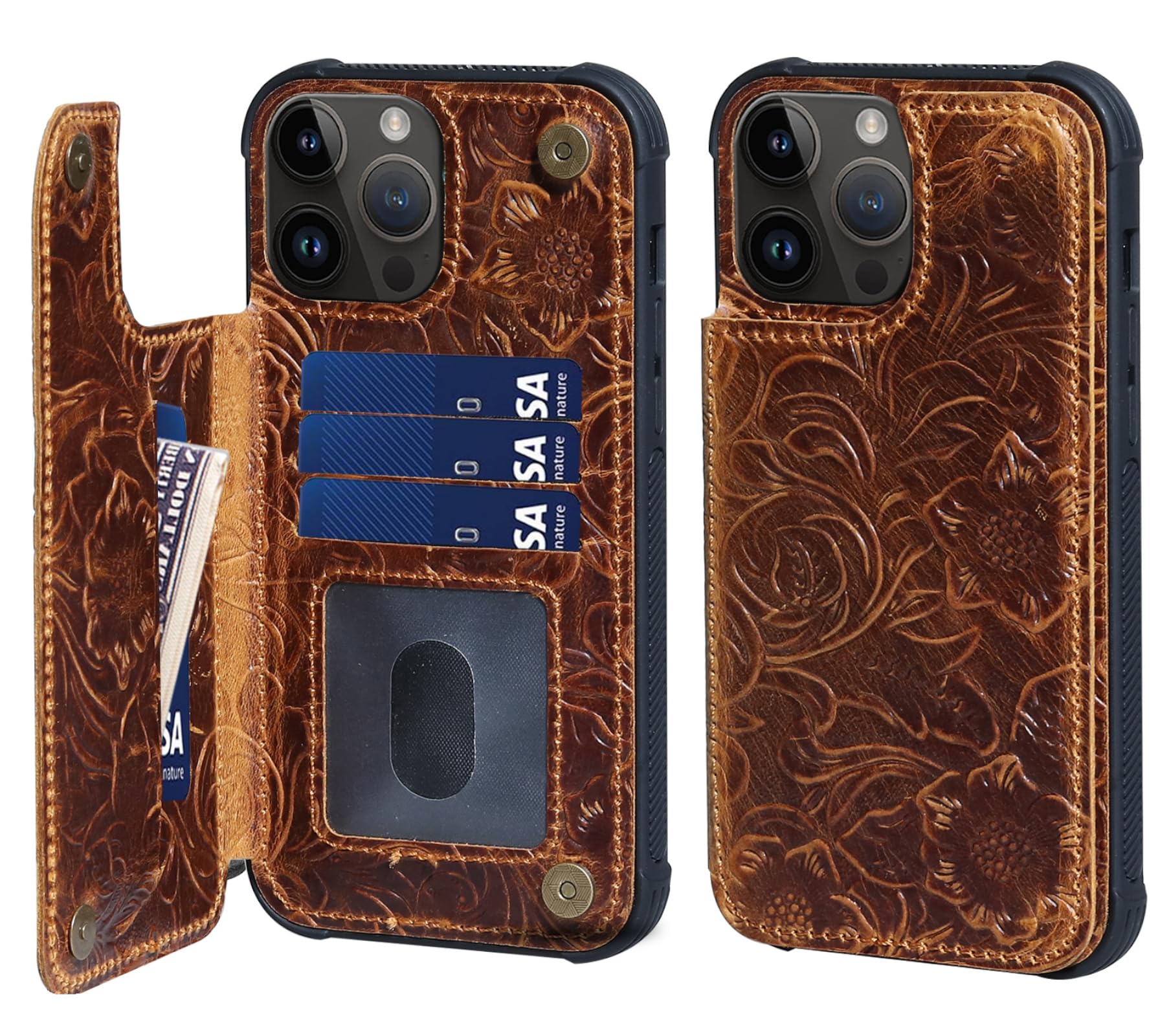 RMAWRAD Wallet case for iPhone 15 pro Max Real Leather 6.7 case,Genuine Leather Shockproof anti-fall Case, Flip Cover with Card Slot, double magnetic buckle,Kickstand Durable Brown