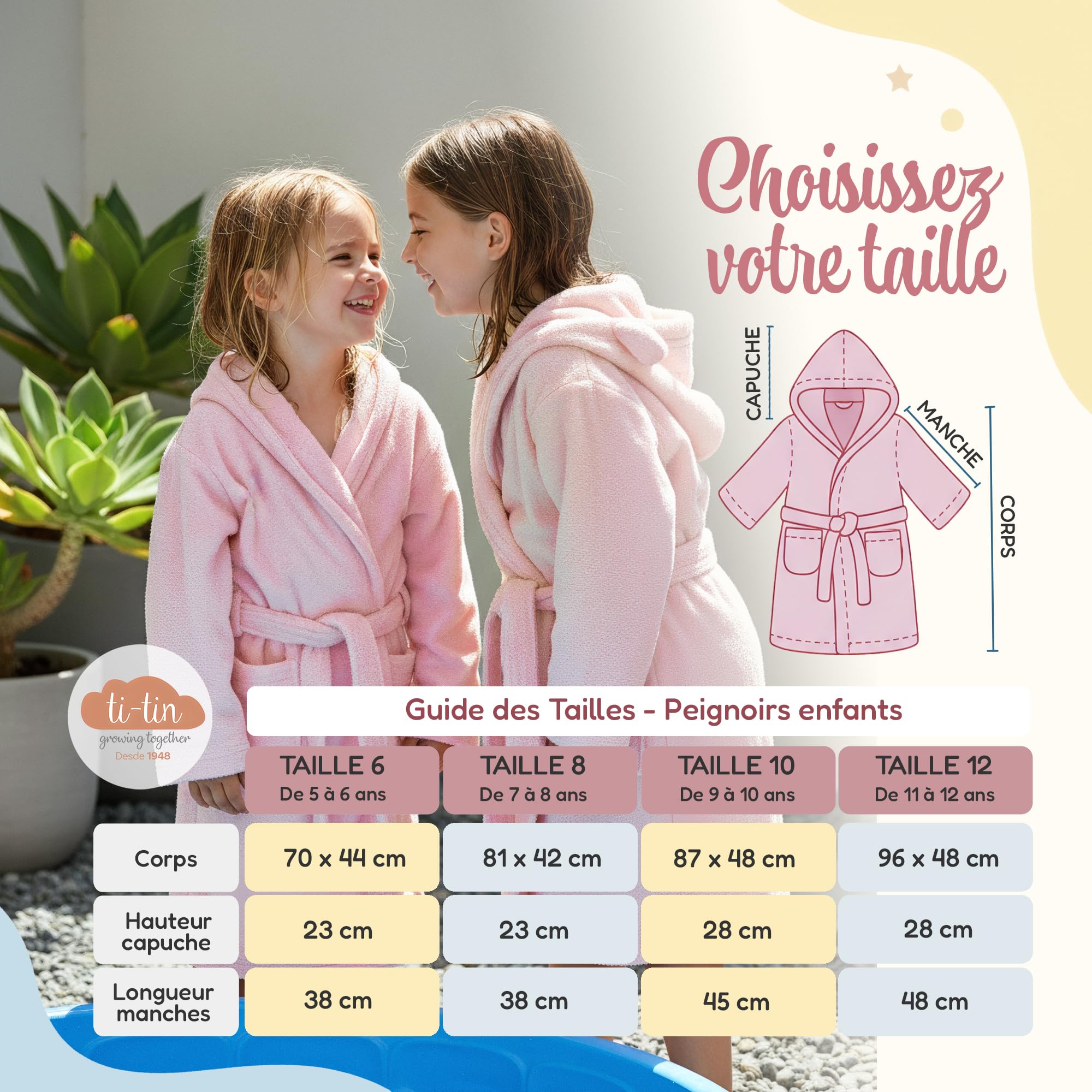 Ti TIN Peignoir Enfant Garçon ou Fille avec Capuche et Poches - Poncho de Bain Ultra-Doux et Absorbant en Coton, Idéal pour l'Heure du Bain, Facile à Laver, Lavable à 30°C