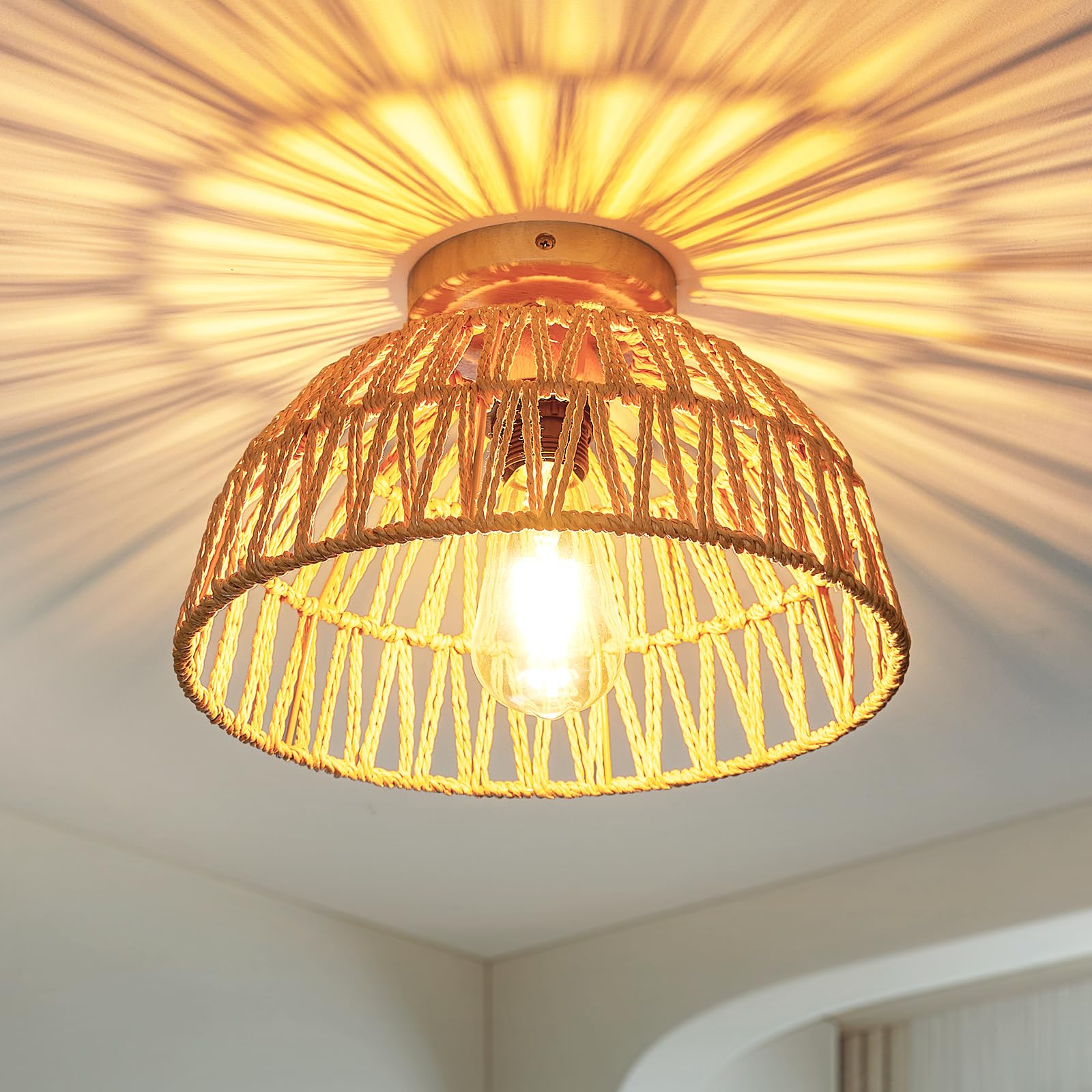 Rattan Chandelier Boho for Dining Room, Wicker Light Fixture Semi Flush Mount Ceiling Light Hand Woven Lamp Shade, Rustic Chandeliers Farmhouse, Hallway, Entryway (Dark Wood Color-1 Pack)