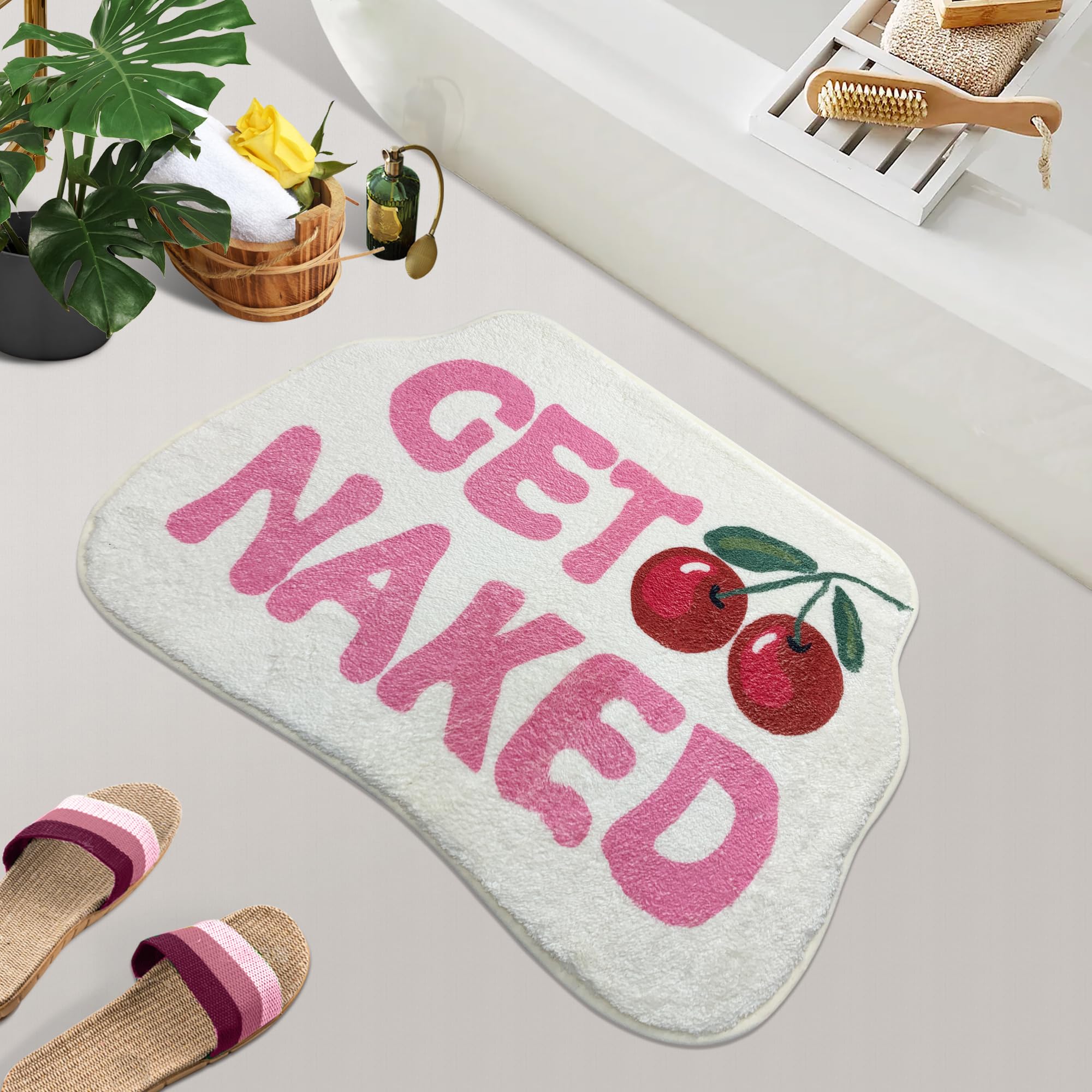 SHIYUE Get Naked Bath Mat Pink Cute Funny Bathroom Rug, Soft Absorbent Water Non Slip, Superior Washable Microfiber Cool Shower Preppy Decor Rug (Cherry 20"x32")