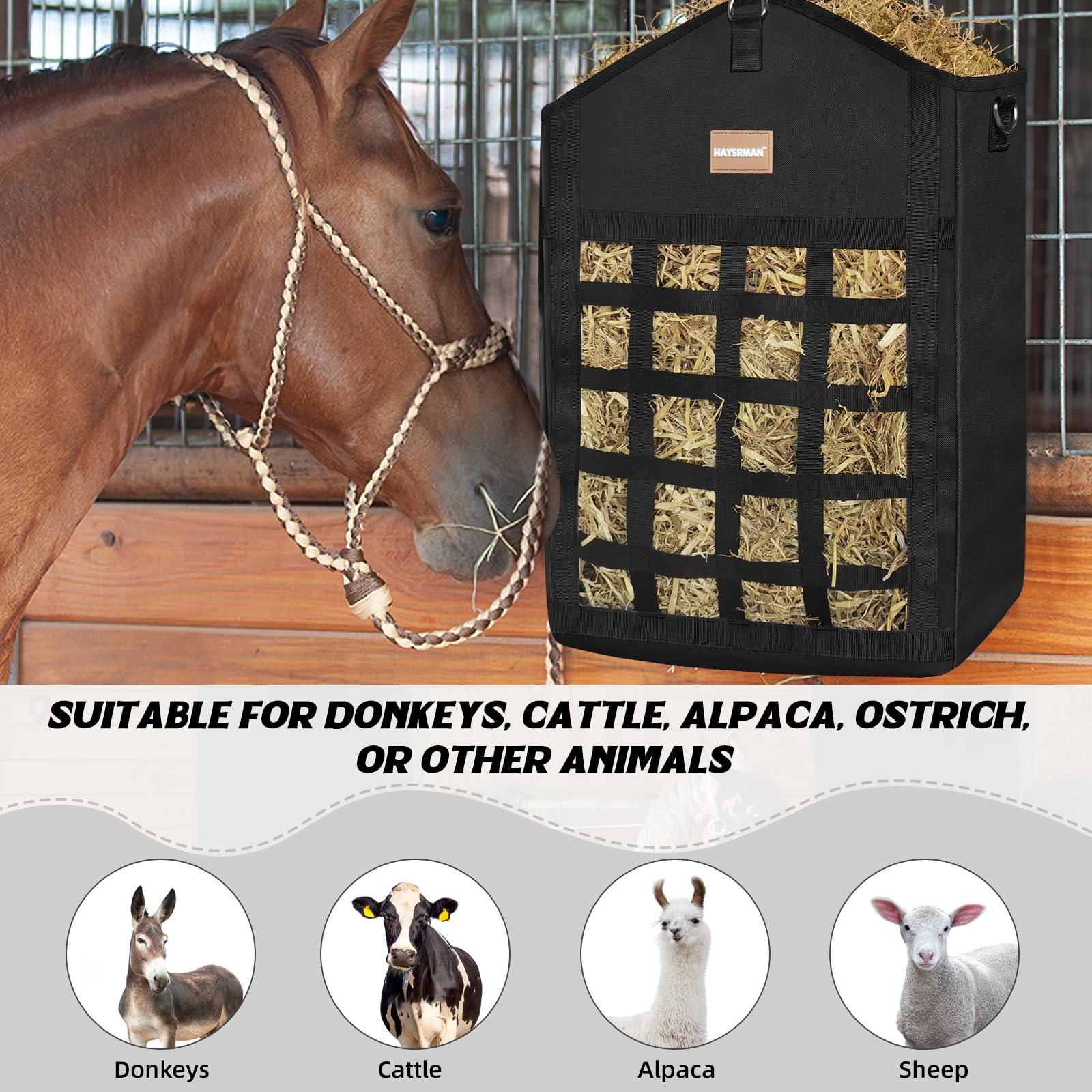 Innovadoras bolsas de heno para caballos, comedero de heno para cabras con tela Oxford reforzada y cierre de metal de alta resistencia, suministros de alimentación para caballos con correa