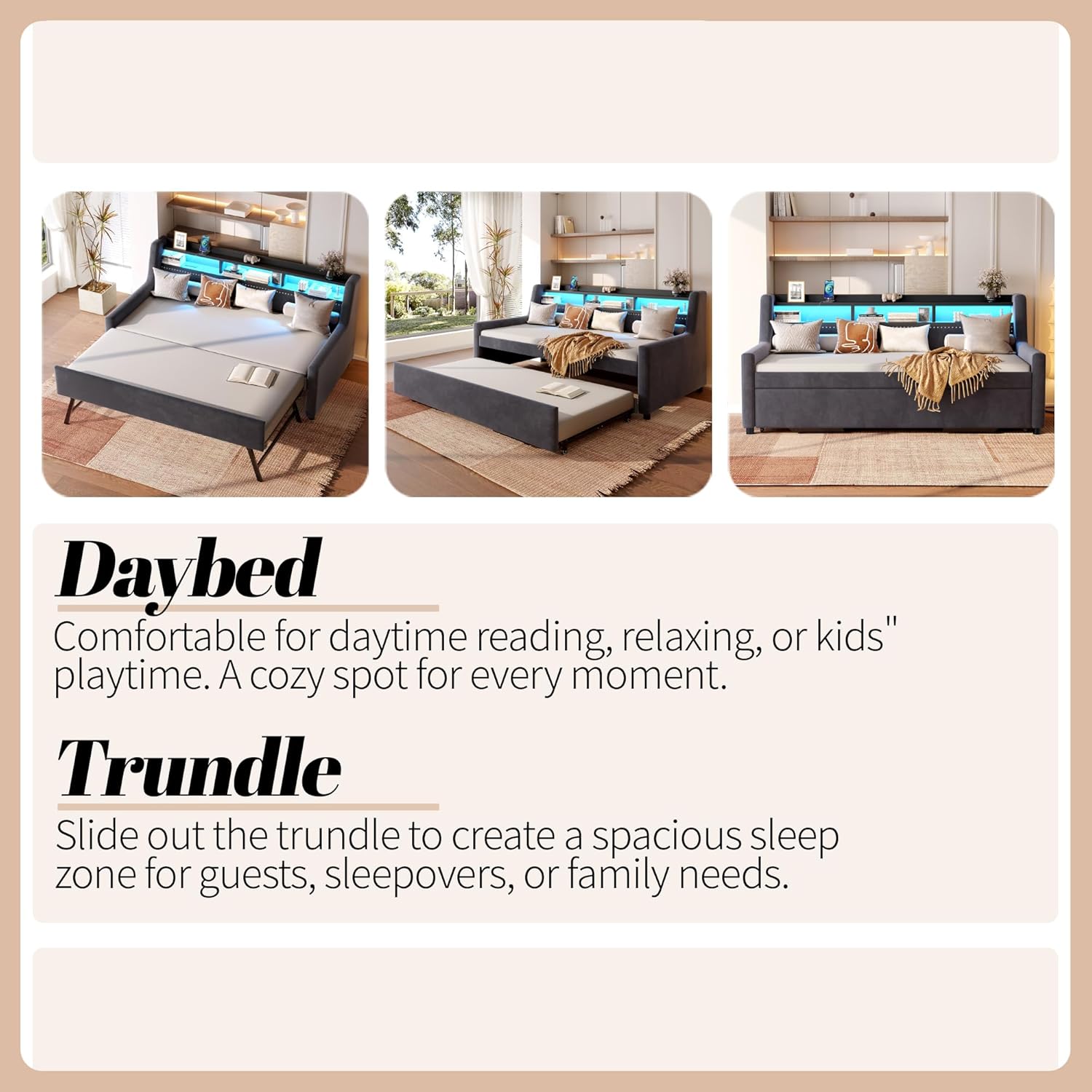Twin Size Daybed with Pop Up Trundle Bed, Velvet Upholstered Day Bed Frame with w/LED/USB/Type C/Storage Headboard, Twin to King Daybed for Living Room, No Box Spring Needed (Dark Grey, Twin to King)