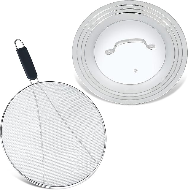 Universal Lid & 33cm Stainless Steel Splatter Screen for Pots, Pans, Fine Mesh Grease Splatter Screen Stops 99% of Hot Oil Splash, Universal Lid Fits 20cm to 32cm Pots and Pans, Kitchen Essentials Kit