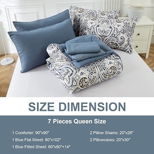 Miniatura 7 de Juego de edredón bohemio azul King, 7 piezas de edredón bohemio con patrón de cachemira bohemio, tamaño King (1 edredón, 1 sábana encimera, 1 sábana