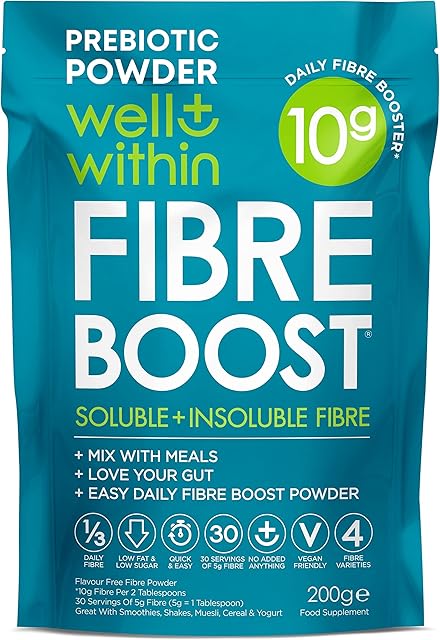 10,000mg Fibre Supplement Prebiotic Powder, 10 Gram Boost = 1/3 NHS Daily Fibre, 4 Types (200g Bag, 30 x 5g Fiber) Well Within Gut Health Supplements Soluble + Insoluble Fibre Powder Men, Women, Kids