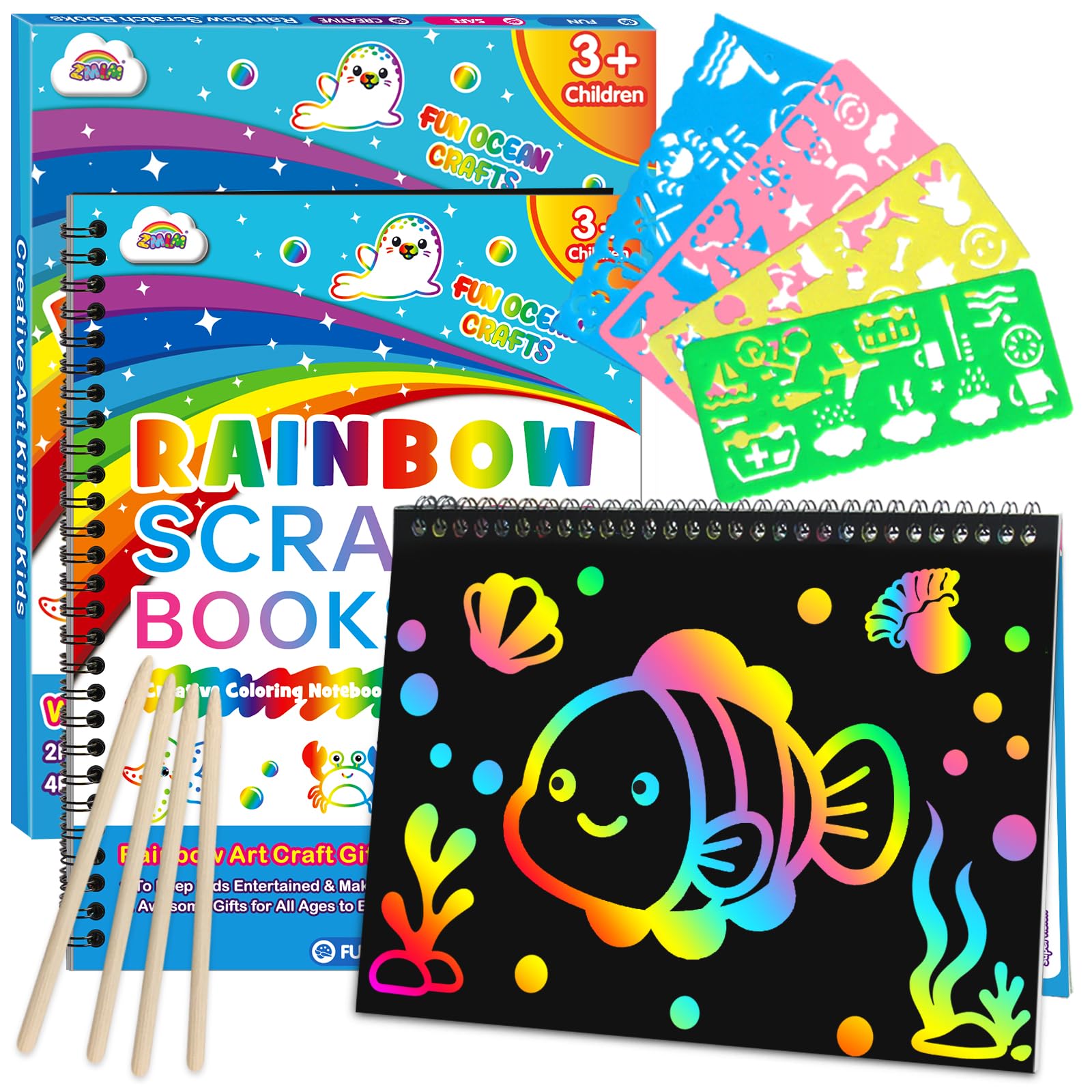 ZMLM Scratch Paper Art Craft: 2 Pack Rainbow Scratch Set for 3 4 5 6 7 8 9 10 Years Old Girls Boys Students Drawing Coloring Black Magic Art Supplies Kits Gifts School Birthday Party Toys (Ocean)