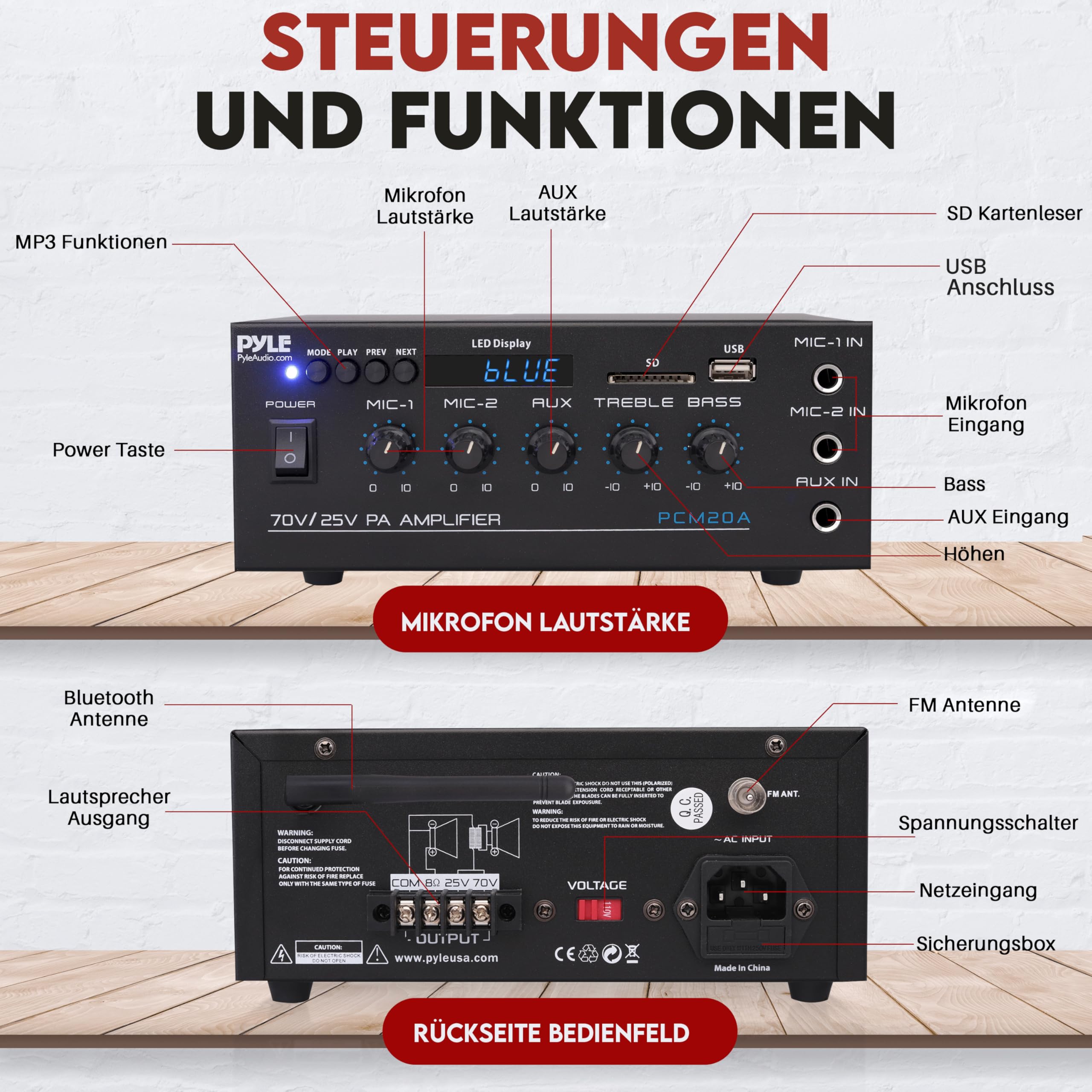 Pyle PA- Verstärker, Bluetooth Amplififer- 70 V/25 V mit 2 Mic- Eingängen, AUX, USB, SD, MP3, LED- Display & Bass/Treble Regelung, 40W, Kompakt für Beschallung & Musik