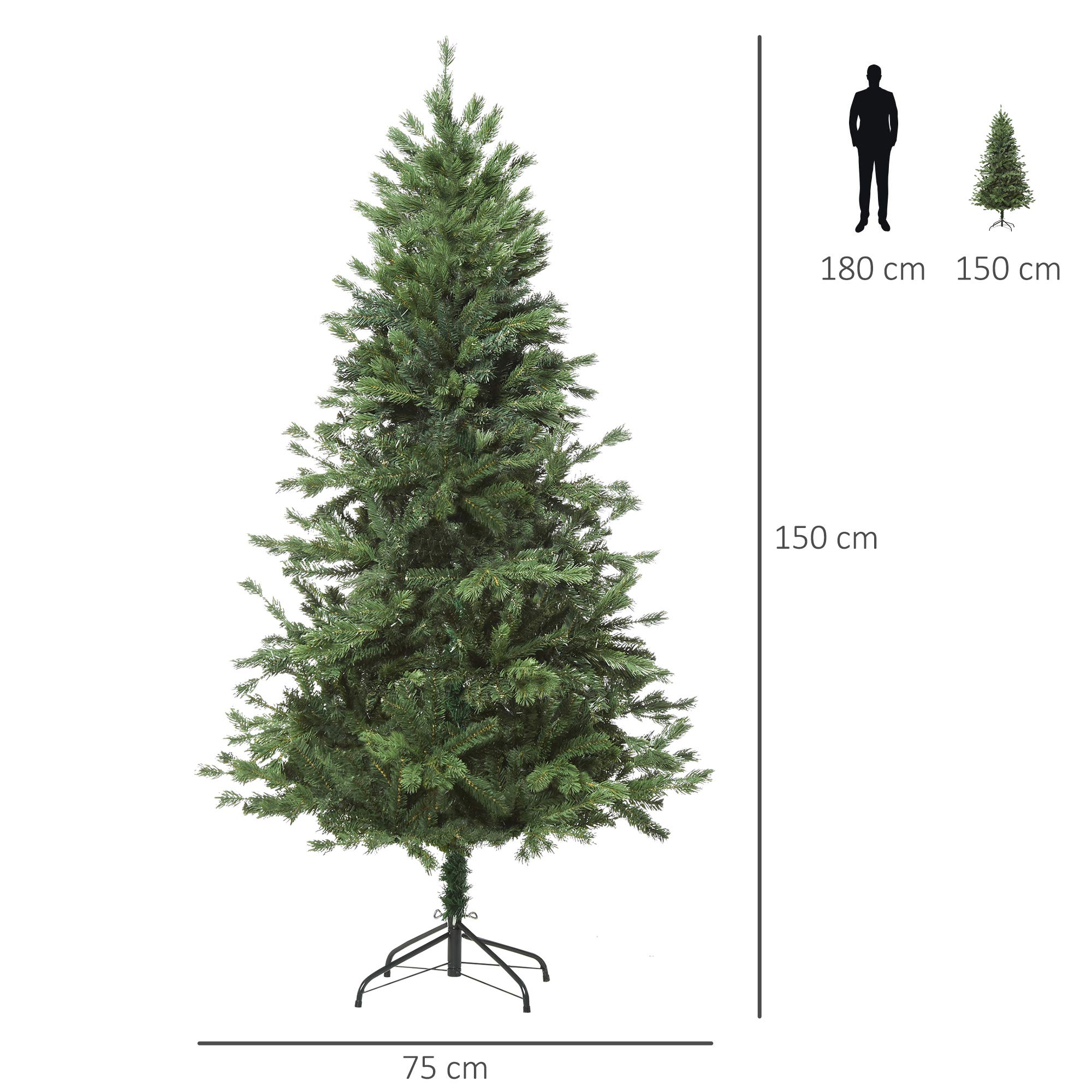HOMCOM Árbol de Navidad Artificial 440 Ramas PE Tridente Ø75x150 cm Verde | PVC Individual, Base Plegable, Árbol Navideño Decorativo, Exteriores Interiores