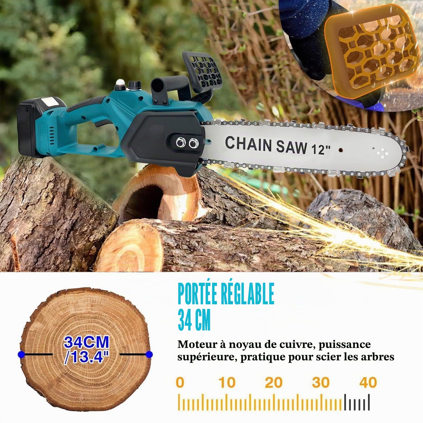 Upgrade tronçonneuse sans fil 12 pouces avec 2 batteries 18V 5,5 Ah et chargeur, moteur en cuivre 4100 tr/min, tronçonneuse à chaîne sans balais à lubrification automatique pour l'élagage des arbres