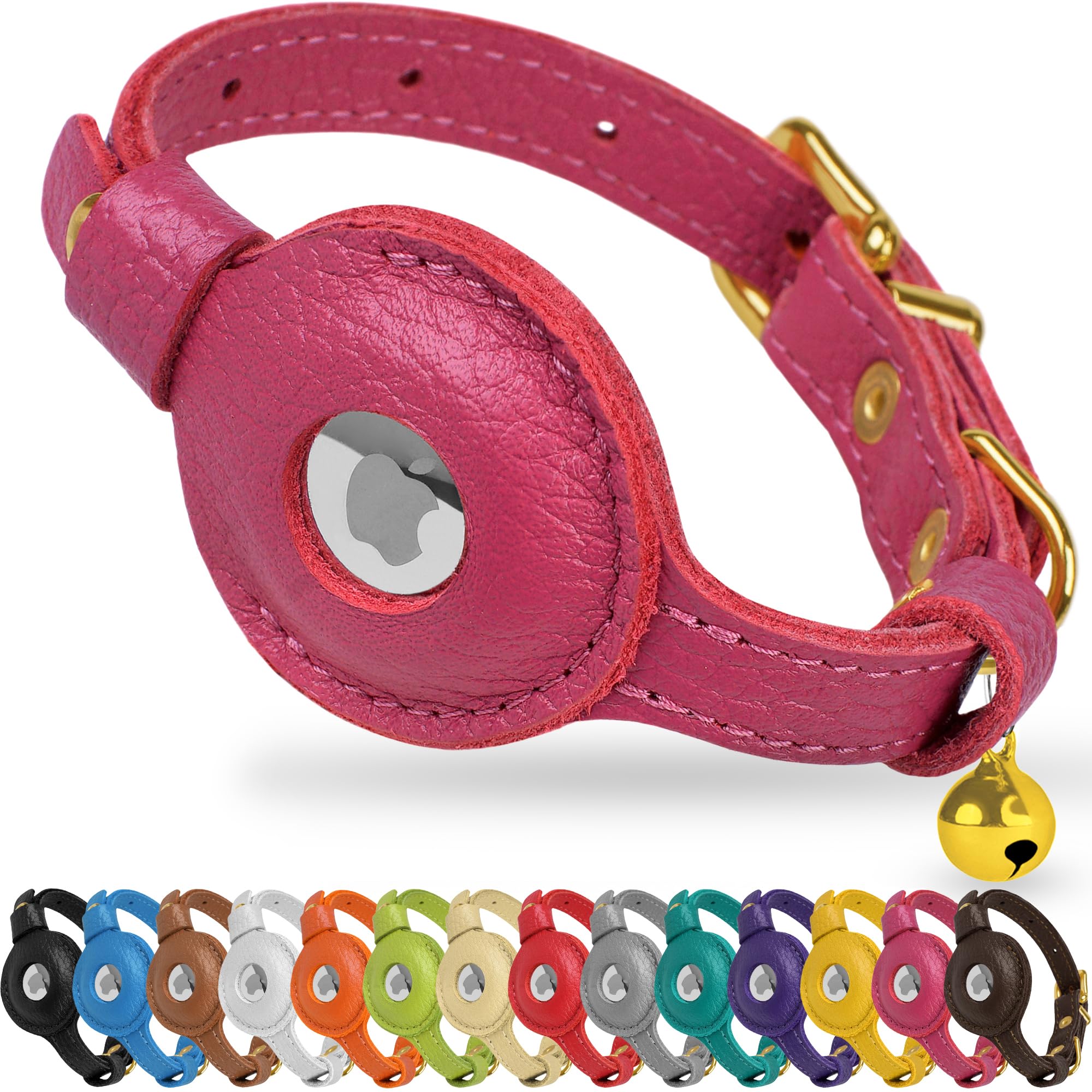 OOPSDOGGY Leather AirTag Cat Collar with Bell - Non Breakaway Kitten Collar with Apple Air Tag Holder - Lightweight GPS Pet Collars for Girl Boy Cats,