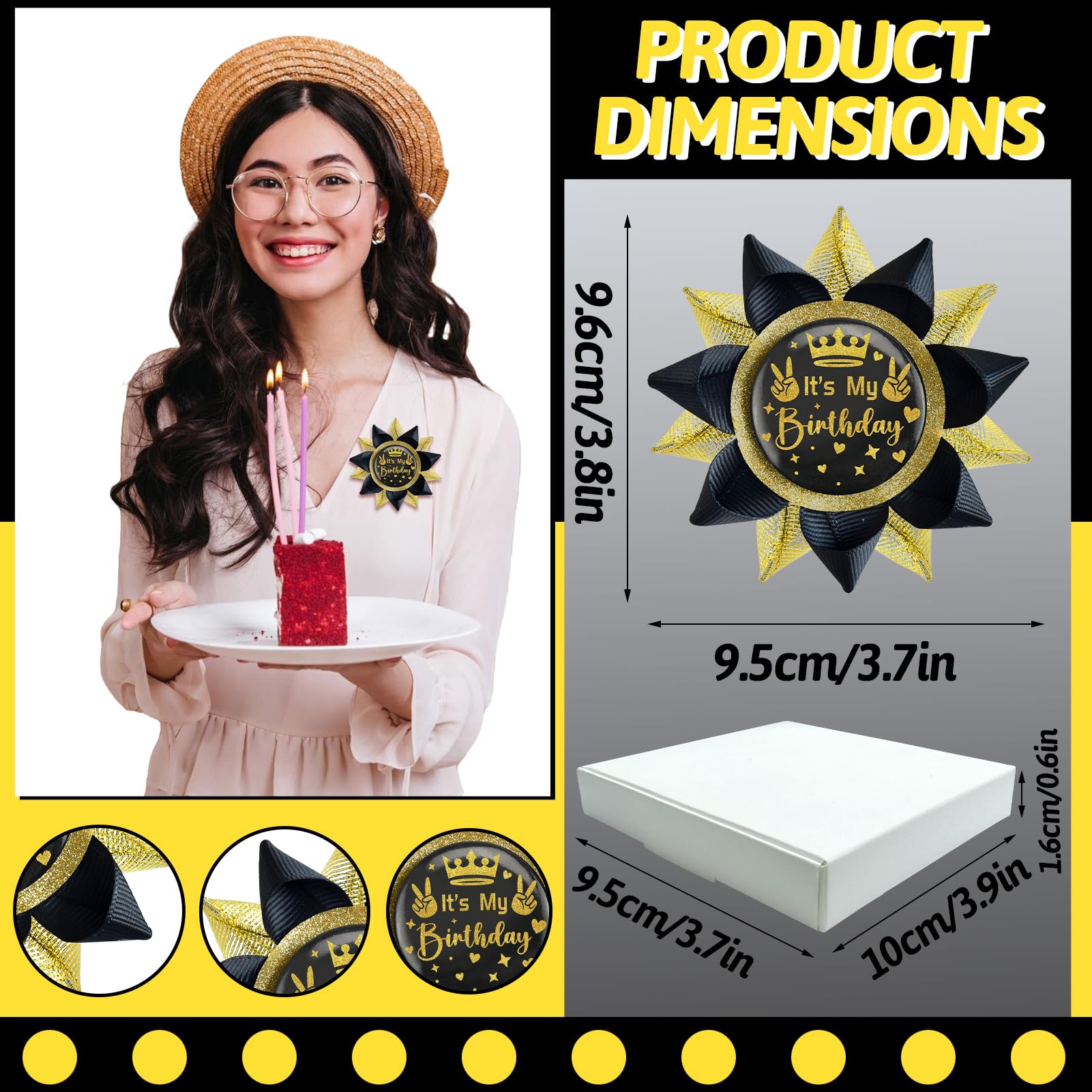 Handmade It's My Birthday Button, Happy Birthday Button Pins for Teens, Women and Men, Black and Gold Grosgrain Ribbon Pins for Birthday Party Decorations Supplies Gifts Ideas (3.75 * 3.75inches)