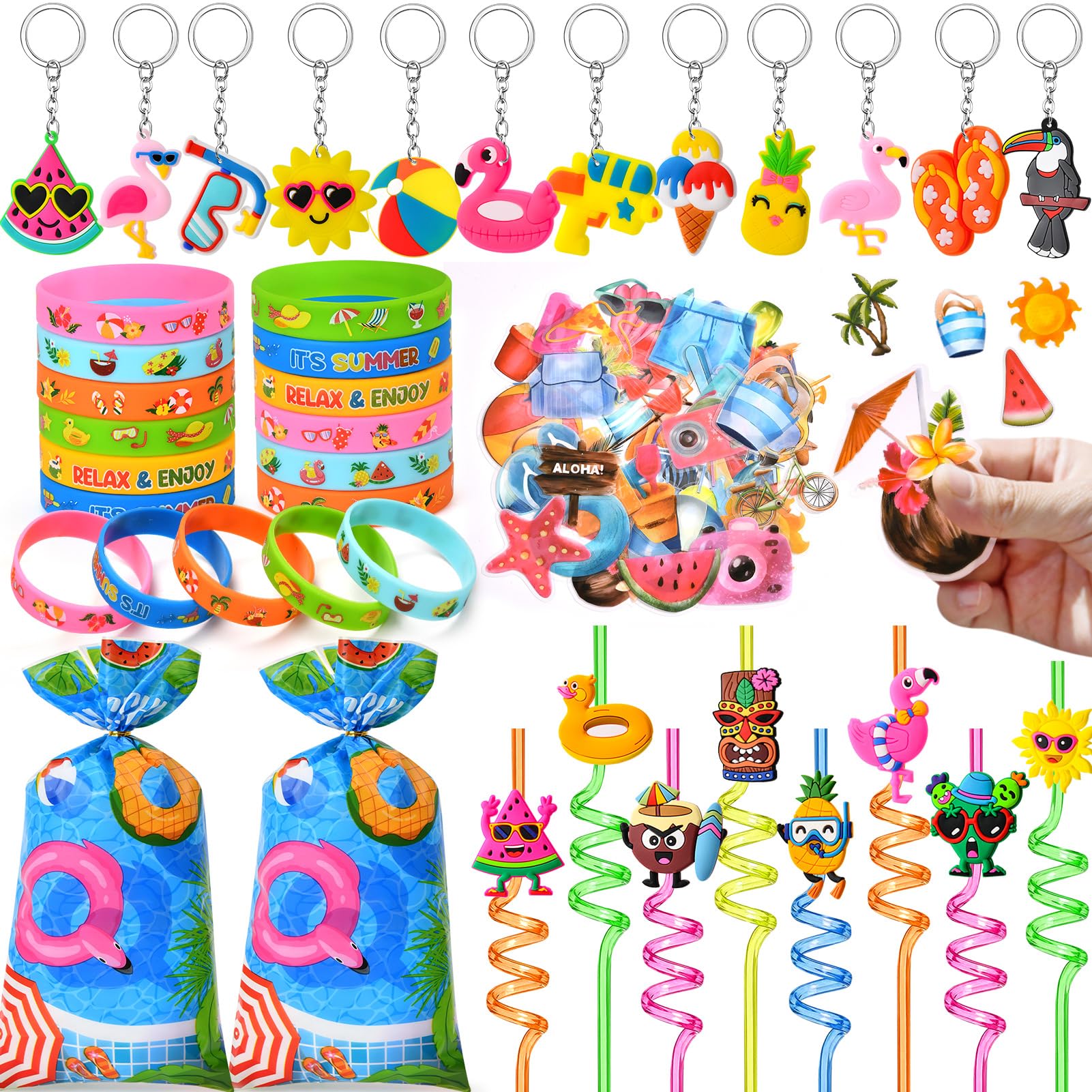 Été Piscine Fête Goodies Anniversaire Enfant Paille Plastique Porte Clef Stickers Sachet Bonbon Bracelet Caoutchouc Jeux De Piscine Fête Hawaïenne Sac Cadeau Anniversaire