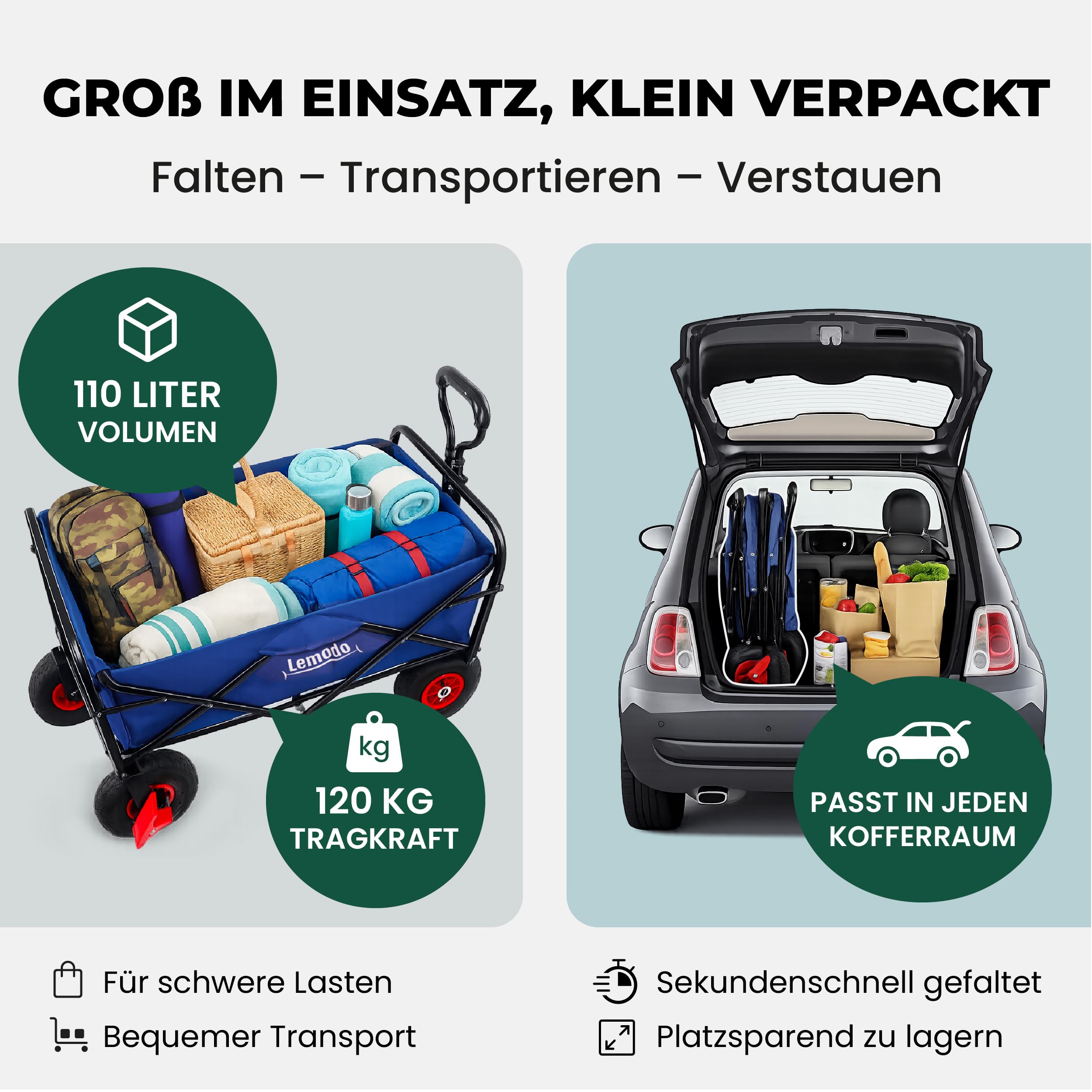 LEMODO Chariot pliable bleu avec pneus gonflables, échelle avec capacité de charge de 120 kg, chariot pliable avec 2 freins, chariot de transport pour chiens, ustensiles et bagages