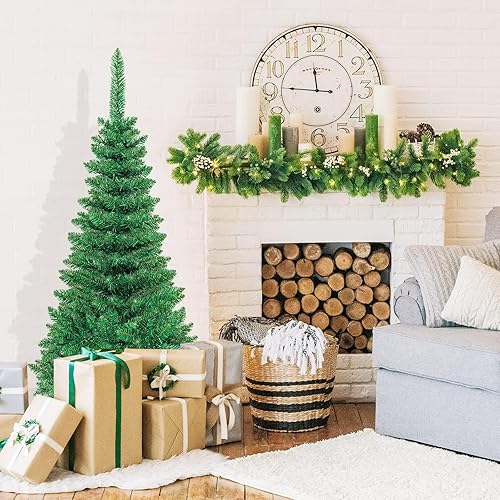 Miniatura 12 de Happygrill Árbol de Navidad artificial preiluminado de 6 pies, árbol de Navidad artificial delgado con 300 luces LED y 618 puntas de rama, bayas