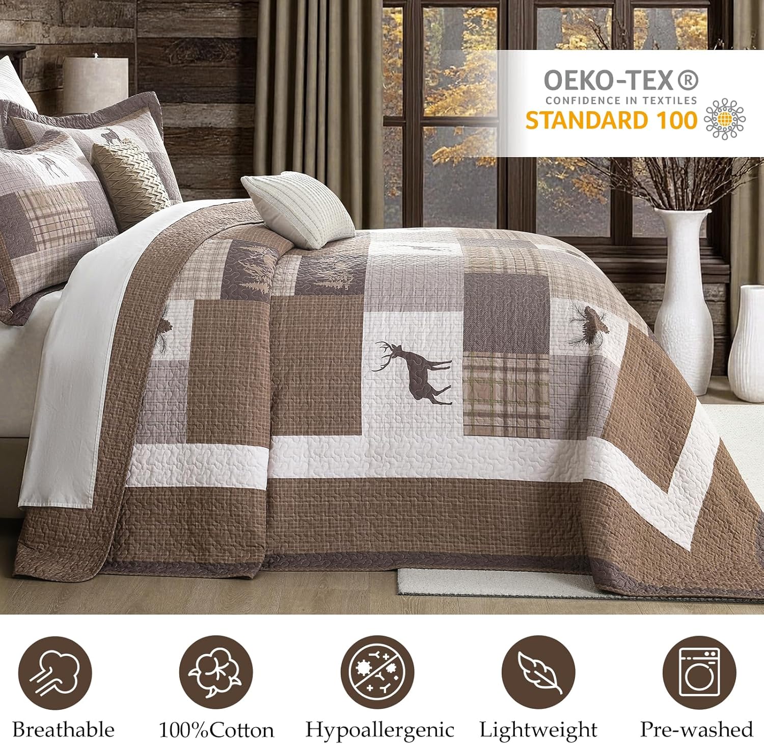 Cabin Bedspread Queen Size 102"x120", 100% Cotton Oversized Queen Quilt, Lodge Cabin Farmhouse Quilted Bedspreads, Brown Gray Plaid Lightweight Quilt Bedding Sets for All Season, 3 Pcs