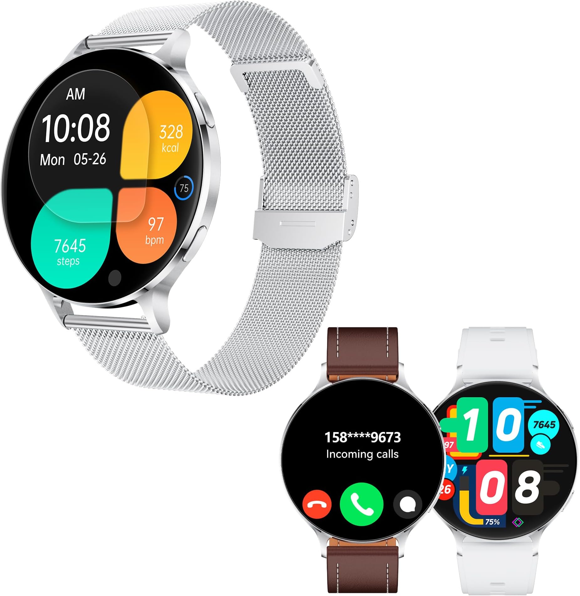 Ultra-Slim Smart Watches for Men (Call/3 Bands/All Metal), Extra Large AMOLED 1.75” Ultra-Clear Fitness Tracker with Heart Rate/Sleep Monitor,Waterproof Smart Watch for iPhone//Samsung/Android