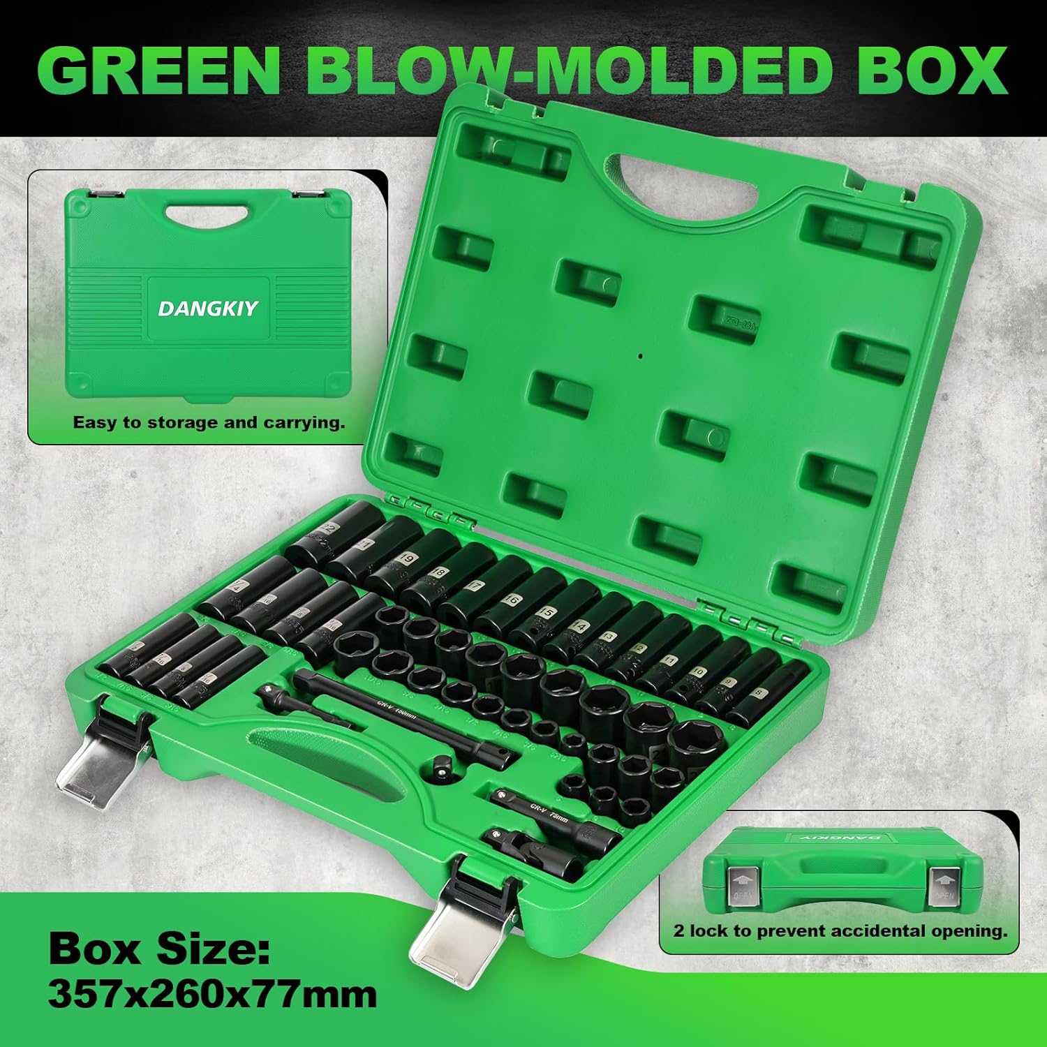 3/8" Drive Impact Socket Set, 50 Piece Standard SAE (5/16 to 3/4 inch) and Metric (8-22mm) 6 Point, Extension Bars, Impact Universal Joint, Adapter, Cr-V Steel