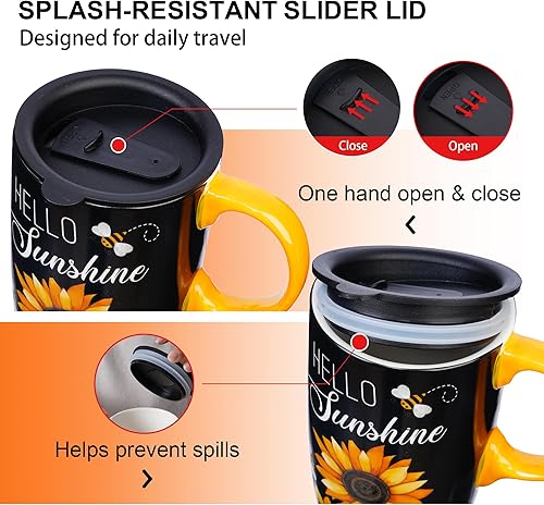 Miniatura 7 de Taza de viaje de cerámica de girasol de Topadorn con tapa y caja de regalo a juego, taza de café latte, 17oz. Hola, sol