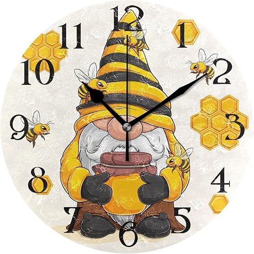Reloj de pared con forma de panal de abeja de gnomo, silencioso, sin tictac, reloj de baño redondo de 9.5 pulgadas, funciona con pilas, reloj de