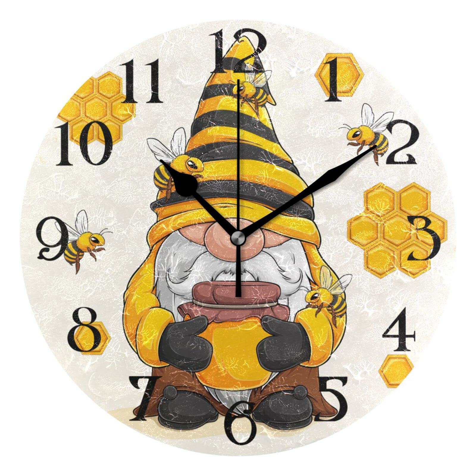 Gnome Honey Bee Honeycomb Wall Clock Silent Non Ticking Kitchen Clock 9.5 Inch Round Bathroom Clock Battery Operated Quartz Analog Decorative Desk Clock Living Room Decor