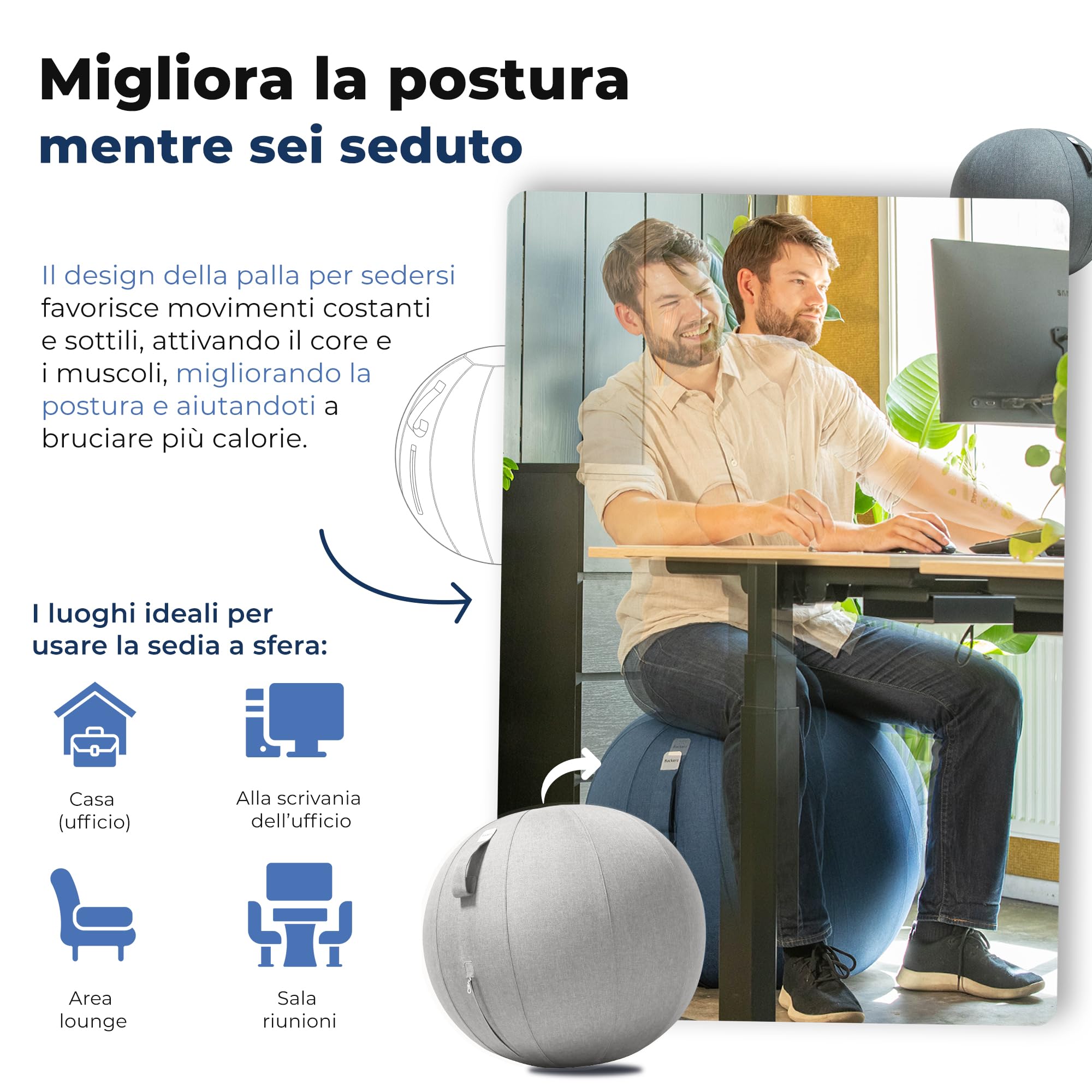 Backerz Seggiolino Palloncino 75 cm – Sfera interna in PVC resistente, fodera in lino morbido lavabile – Sedia a palloncino ergonomica Ufficio & Yoga, per buona postura – Grigio chiaro