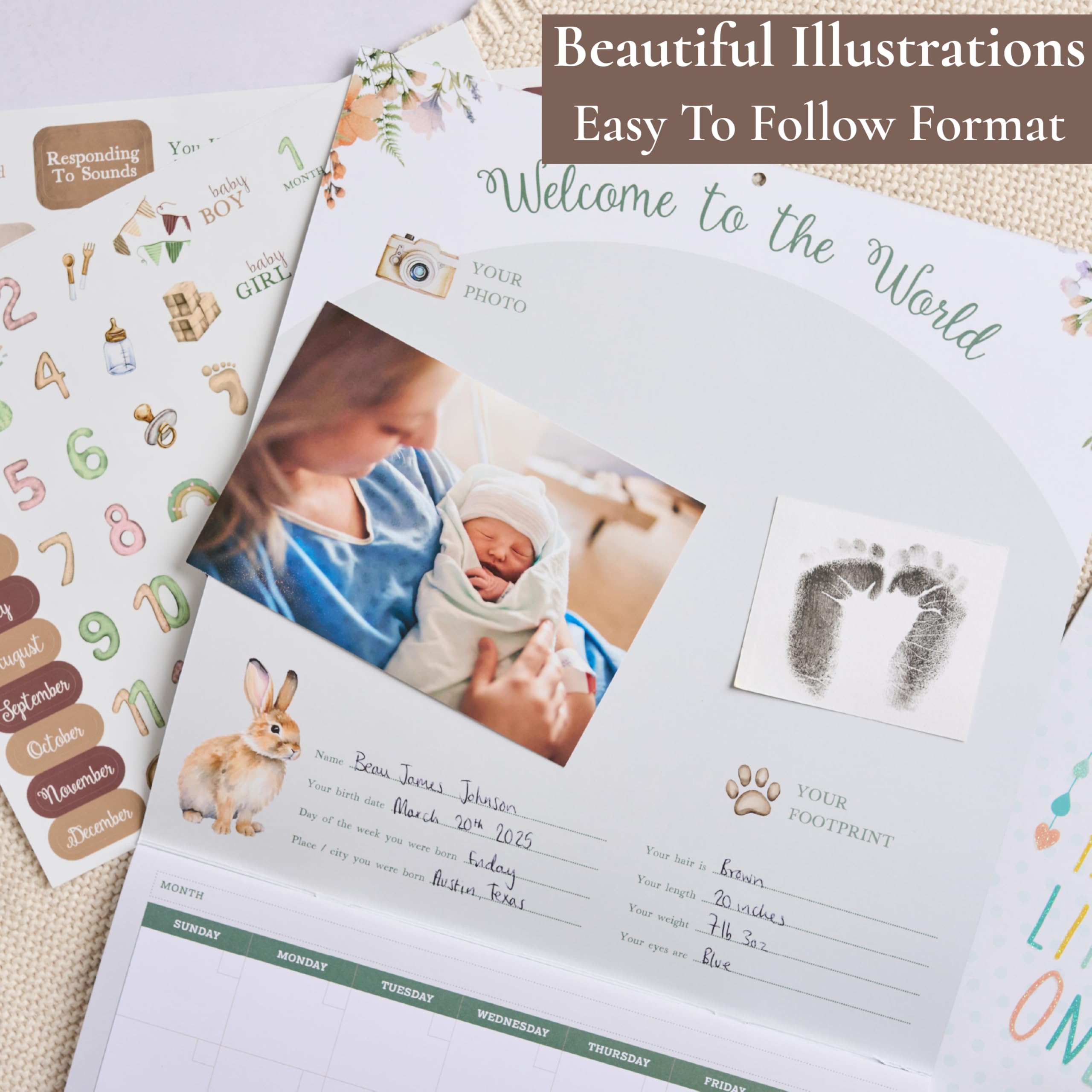 Baby erstes Jahr Kalender mit 100 Aufklebern - Waldtiere 1. Jahre Wandkalender mit Aufklebern, Baby Tracker, Baby Scrapbook für neue Mutter und Neugeborene Jungen & Mädchen