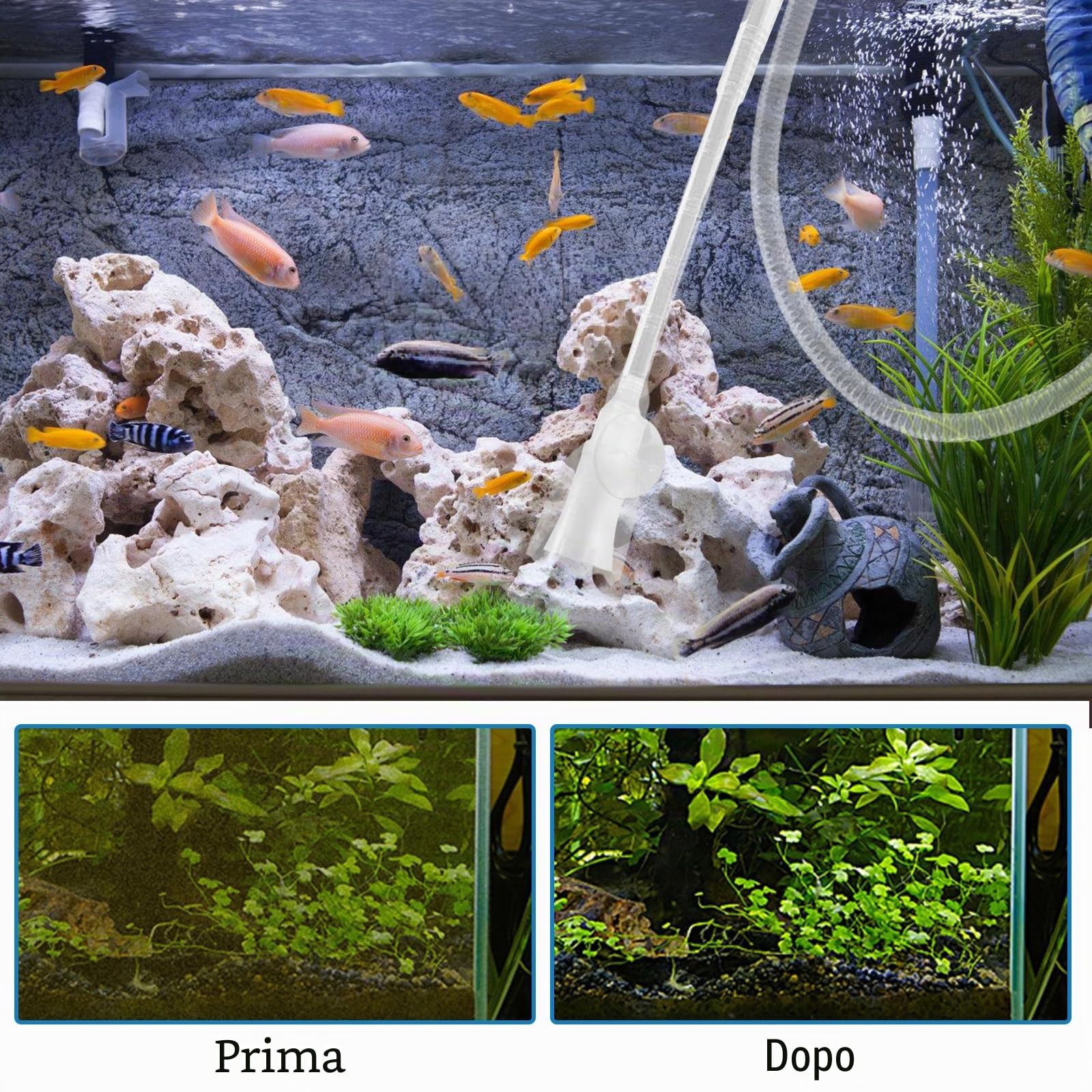 Set di pulizia per acquario, 5 in 1: accessori per acquario, cambio acqua, sifone e 5 strumenti di pulizia rimovibili, set di pulizia per acquario, strumenti di pulizia per il cambio dell'acqua e la