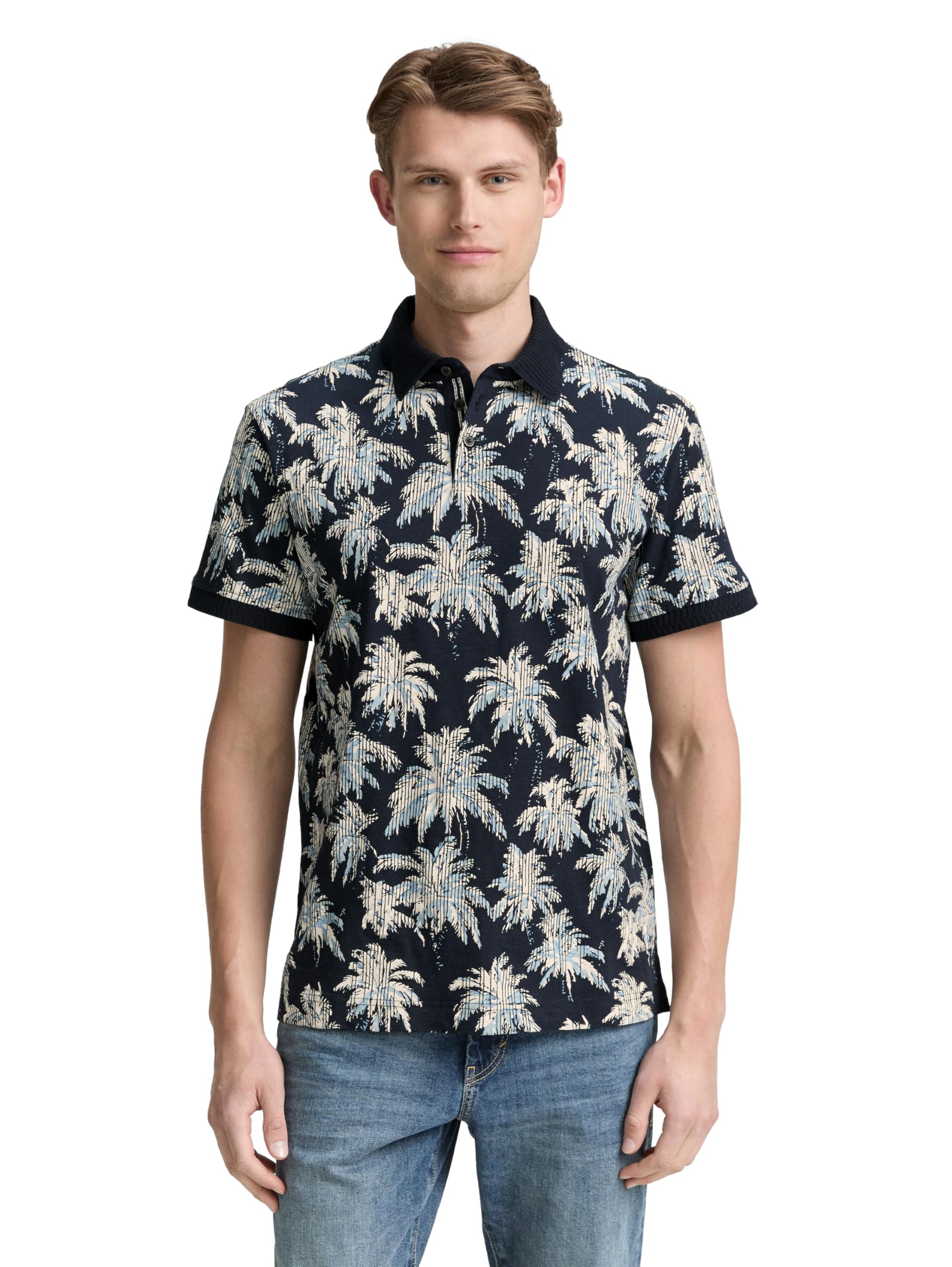 TOM TAILOR Herren 1046775 Poloshirt, 37972 - Navy Blue Stripe Palm Design, S EU