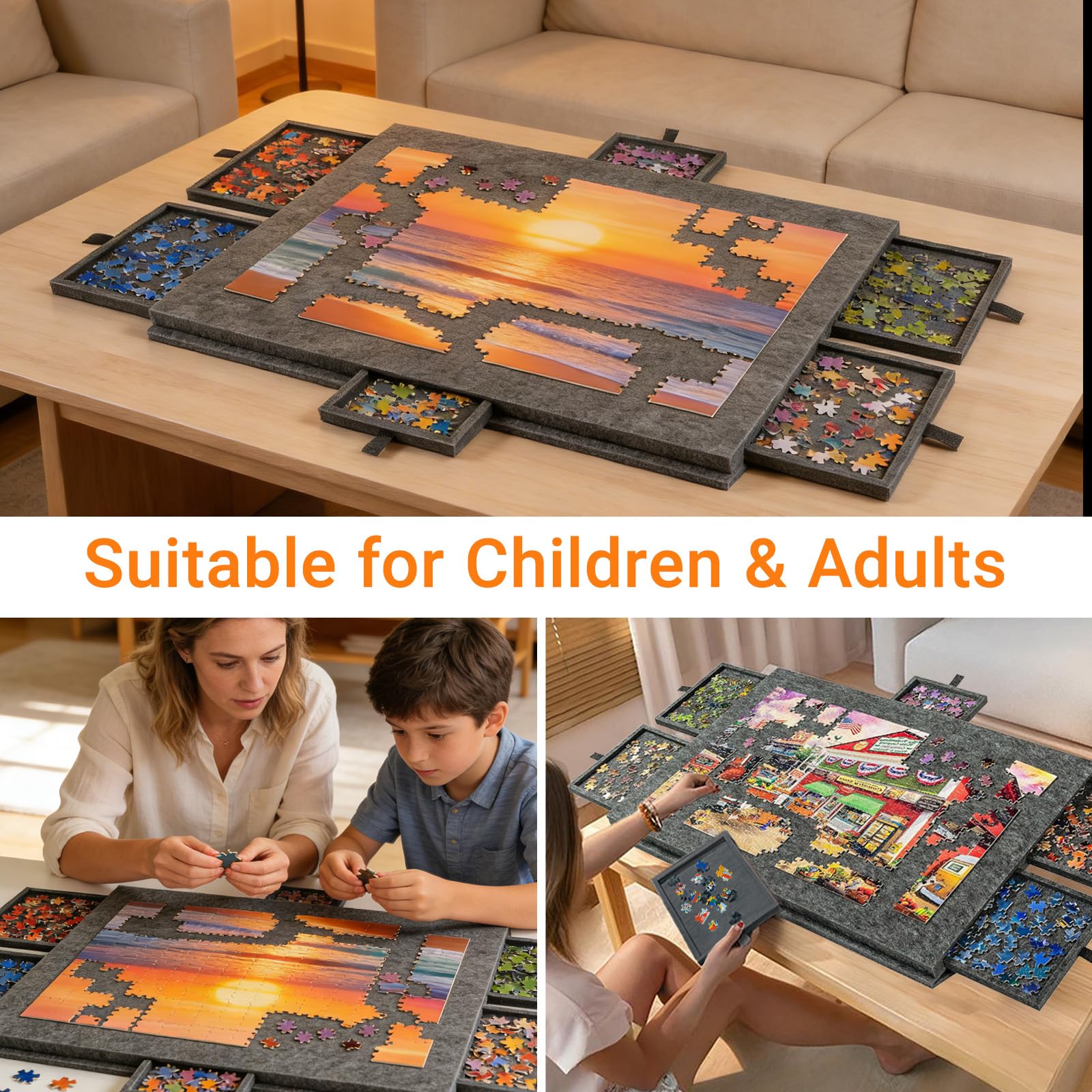 Składana deska do puzzli, 1500 elementów, przenośna deska do puzzli z 6 szufladami, pokrywa 2 w 1 i stojak na puzzle, puzzle puzzle, stół do puzzli, akcesoria do 1500 elementów (czarna)